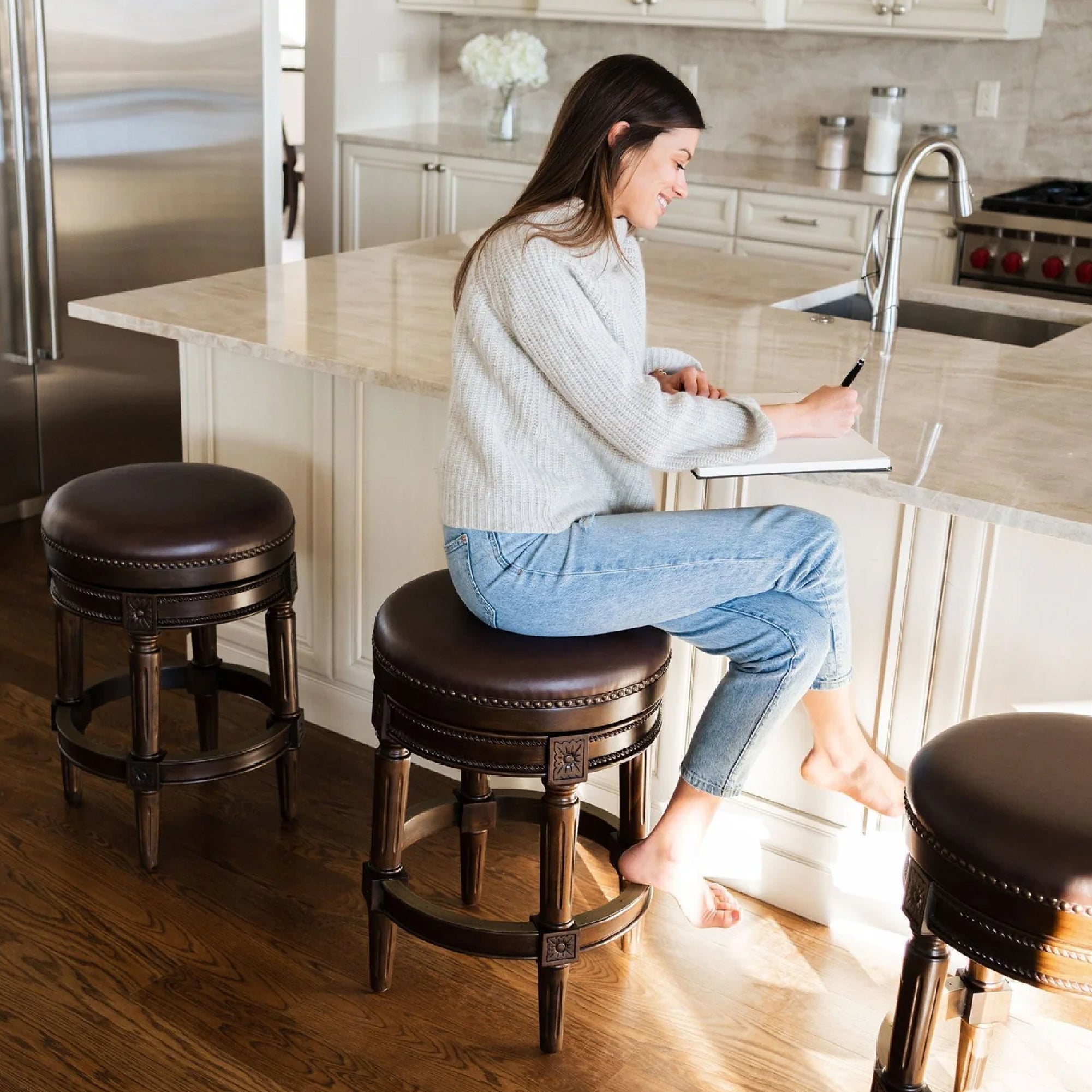 31" Pullman Backless Bar Stool in Dark Brown Finish with Brown Faux Leather (Set of 4) in Stools by Maven Lane