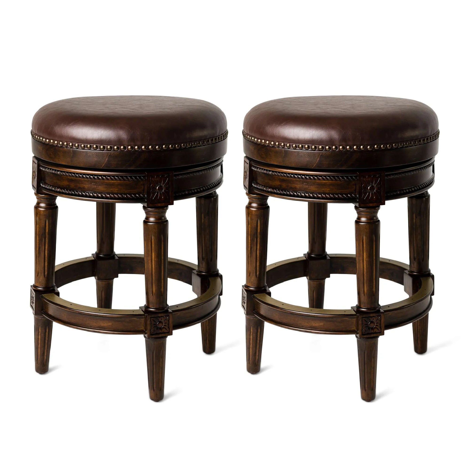 26" Pullman Backless Counter Stool in Dark Brown Finish with Brown Faux Leather (Set of 2) in Stools by Maven Lane