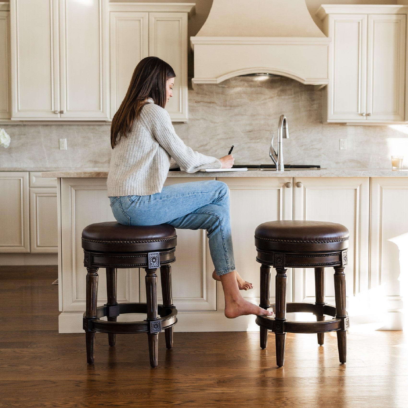 Pullman Backless Counter Stool in Dark Brown Finish with Brown Faux Leather in Stools by Maven Lane