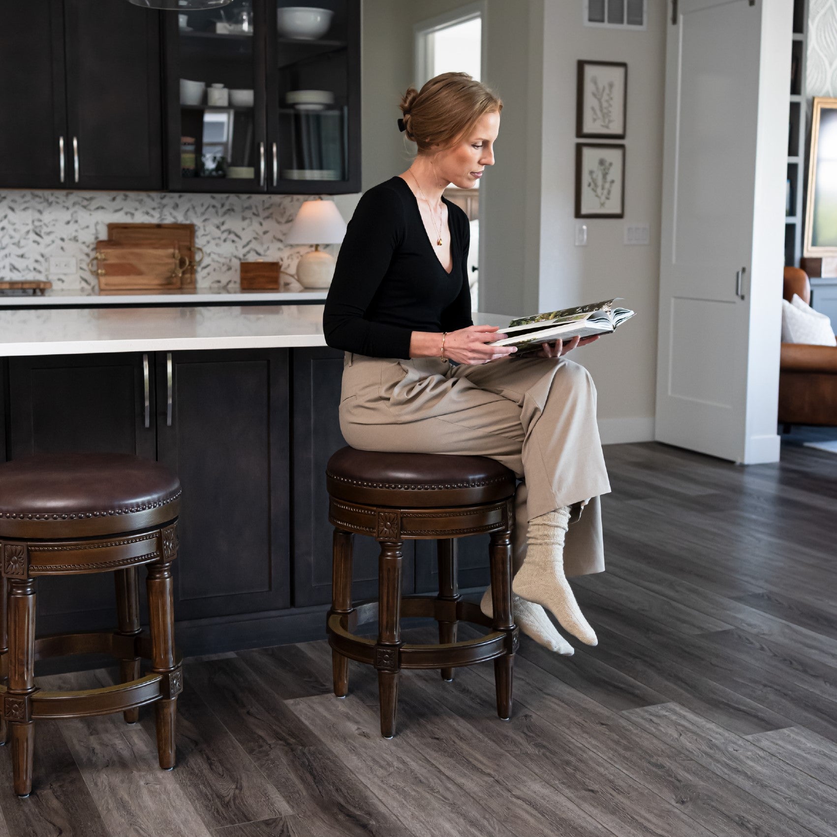 26" Pullman Backless Counter Stool in Dark Brown Finish with Brown Faux Leather in Stools by Maven Lane
