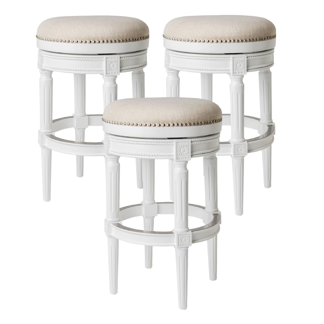 31" Pullman Backless Bar Stool in White Finish with Natural Fabric (Set of 3) in Stools by Maven Lane