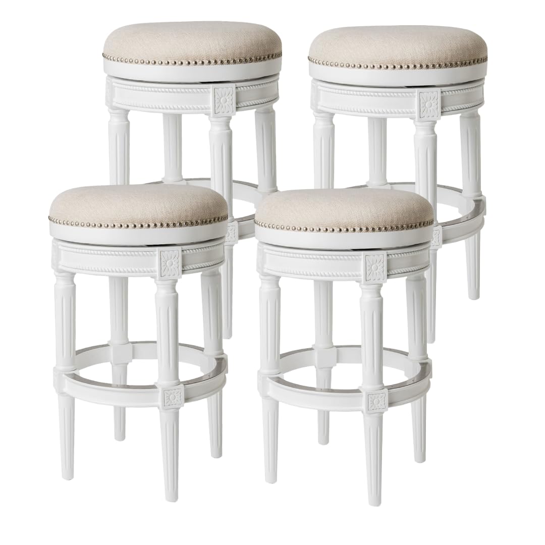 31" Pullman Backless Bar Stool in White Finish with Natural Fabric (Set of 4) in Stools by Maven Lane