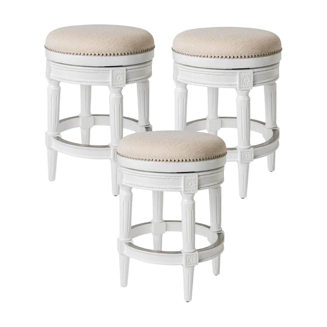 26" Pullman Backless Counter Stool in White Finish with Natural Fabric (Set of 3) in Stools by Maven Lane