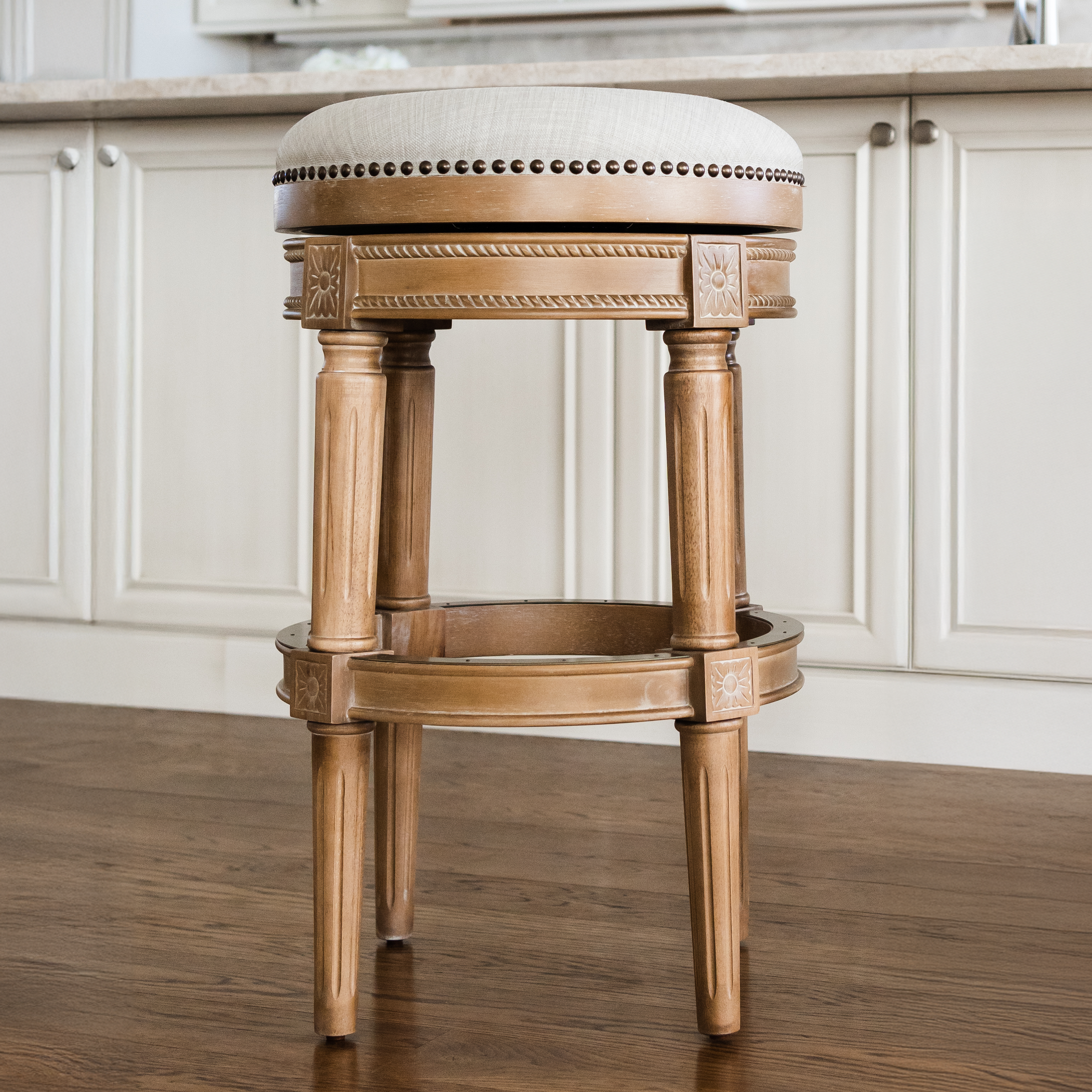 31" Pullman Backless Bar Stool in Light Brown Finish with Natural Fabric in Stools by Maven Lane