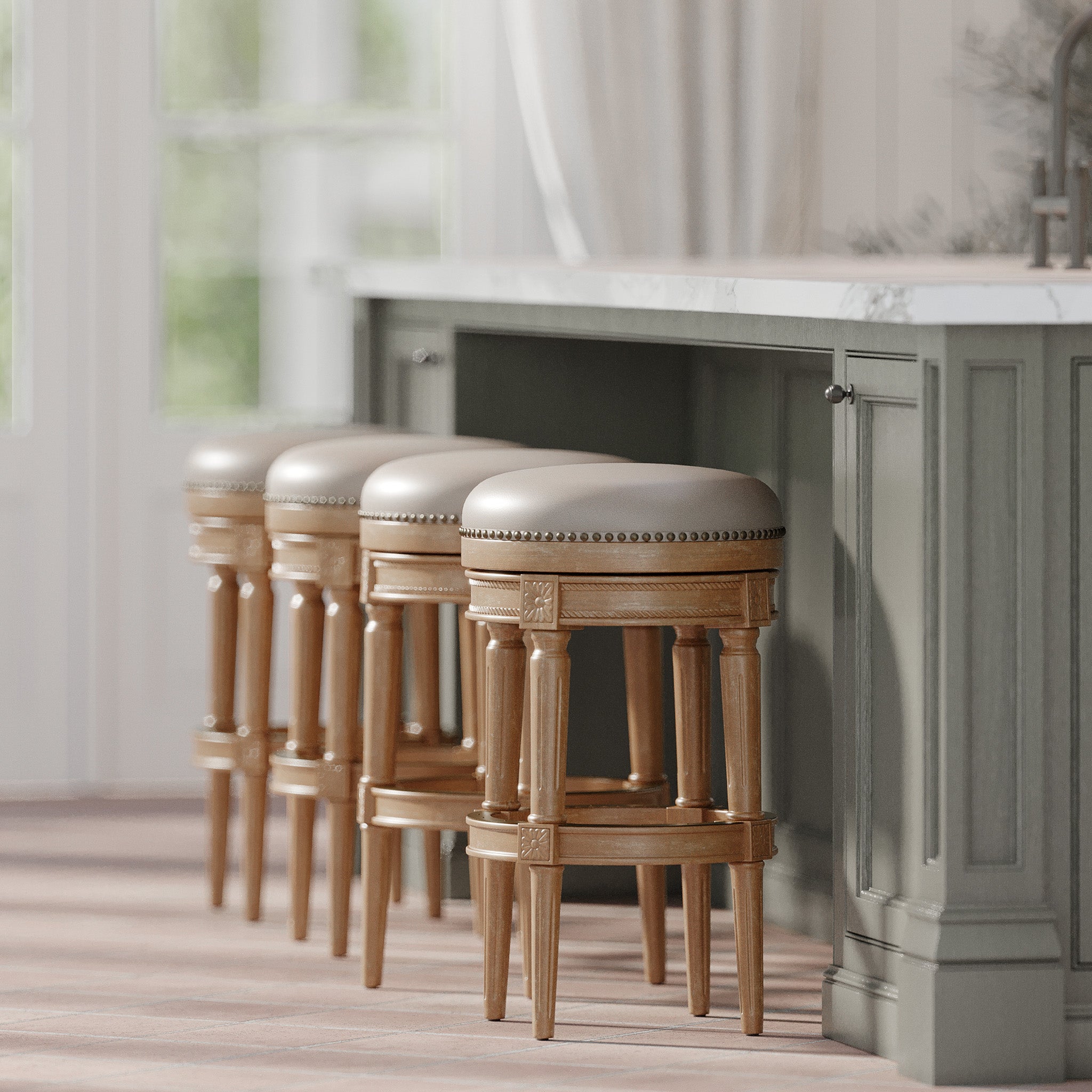 Pullman Backless Bar Stool in Weathered Oak Finish with Avanti Bone Vegan Leather in Stools by Maven Lane