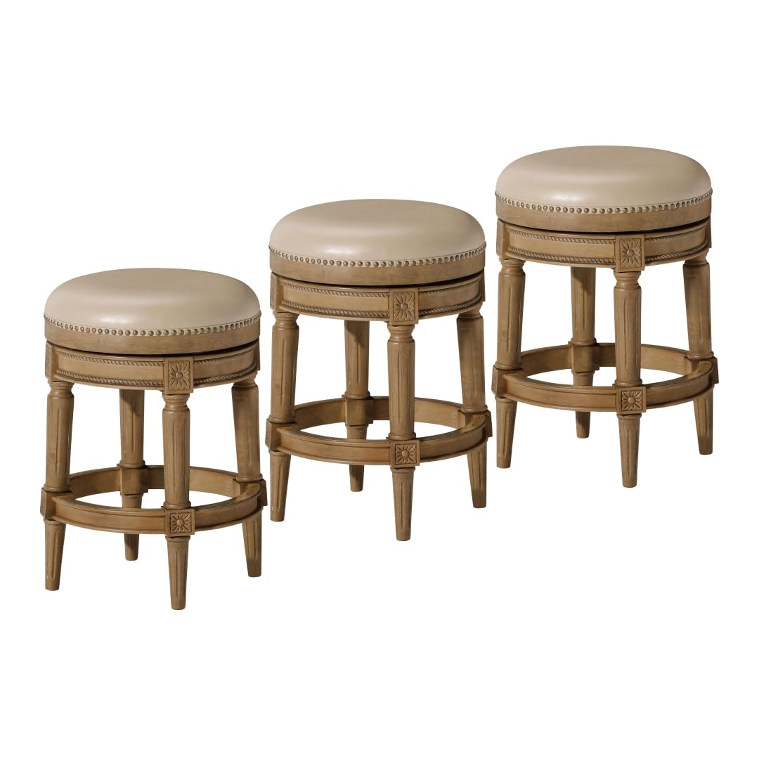 26" Pullman Backless Counter Stool in Light Brown Finish with Beige Faux Leather (Set of 3) in Stools by Maven Lane