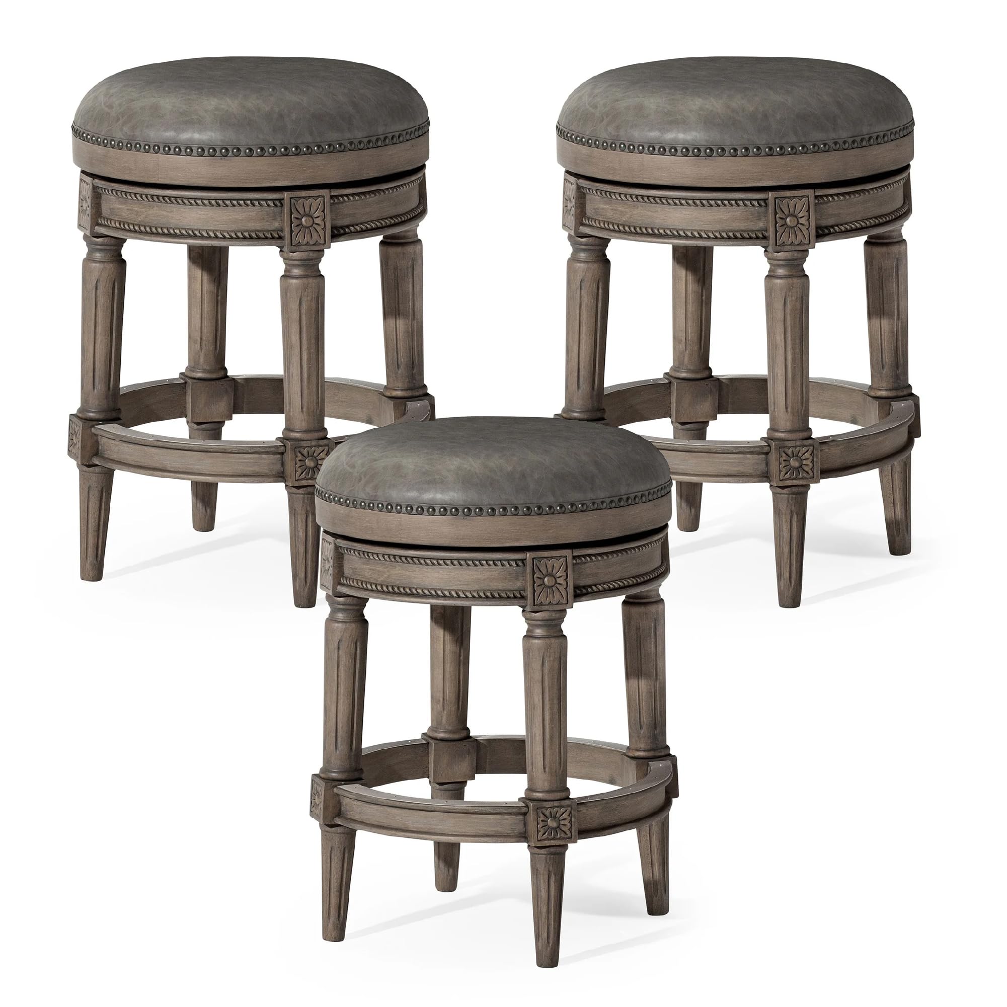 26" Pullman Backless Counter Stool in Grey Finish with Grey Faux Leather (Set of 3) in Stools by Maven Lane