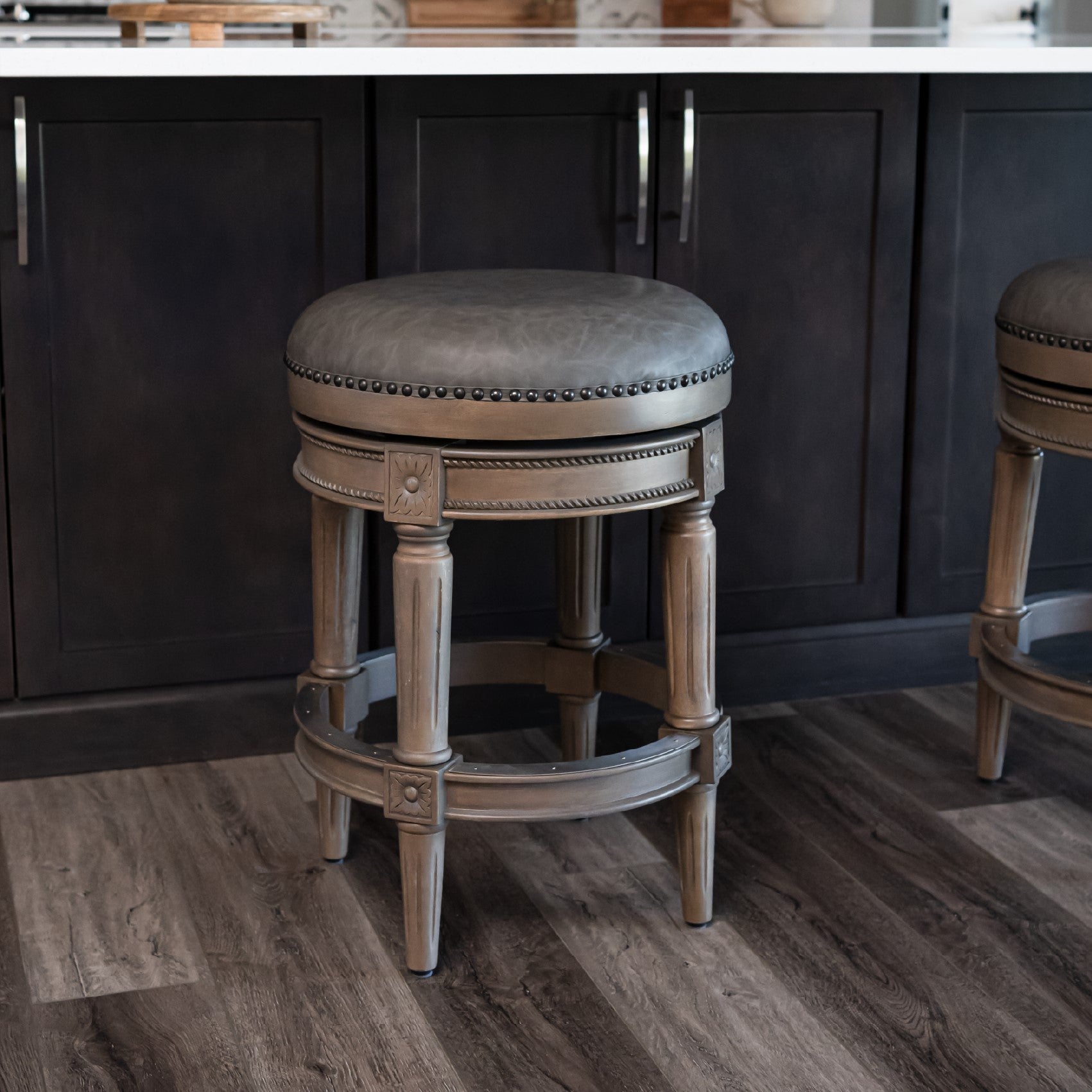 26" Pullman Backless Counter Stool in Grey Finish with Grey Faux Leather in Stools by Maven Lane