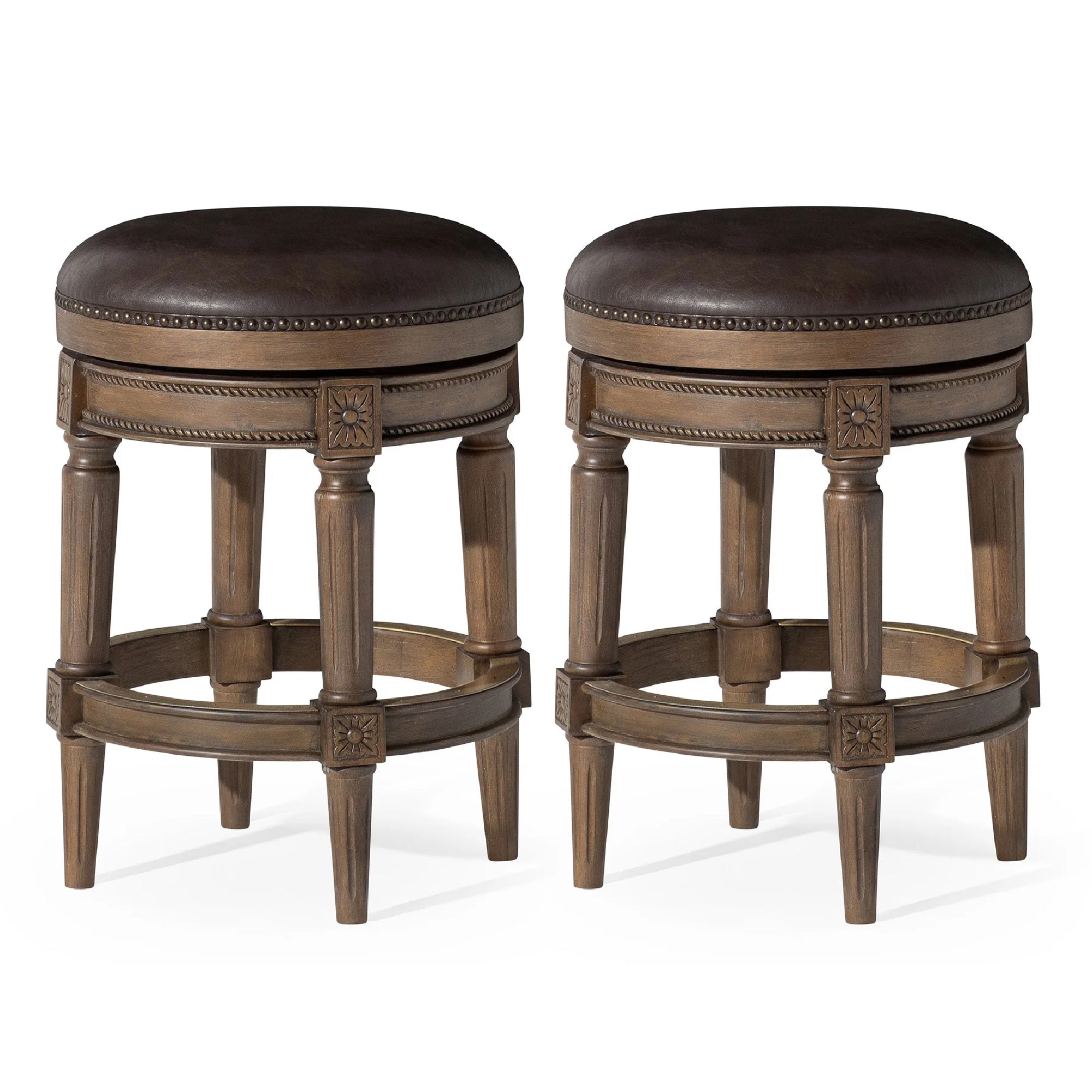 26" Pullman Backless Counter Stool in Brown Finish with Brown Faux Leather (Set of 2) in Stools by Maven Lane