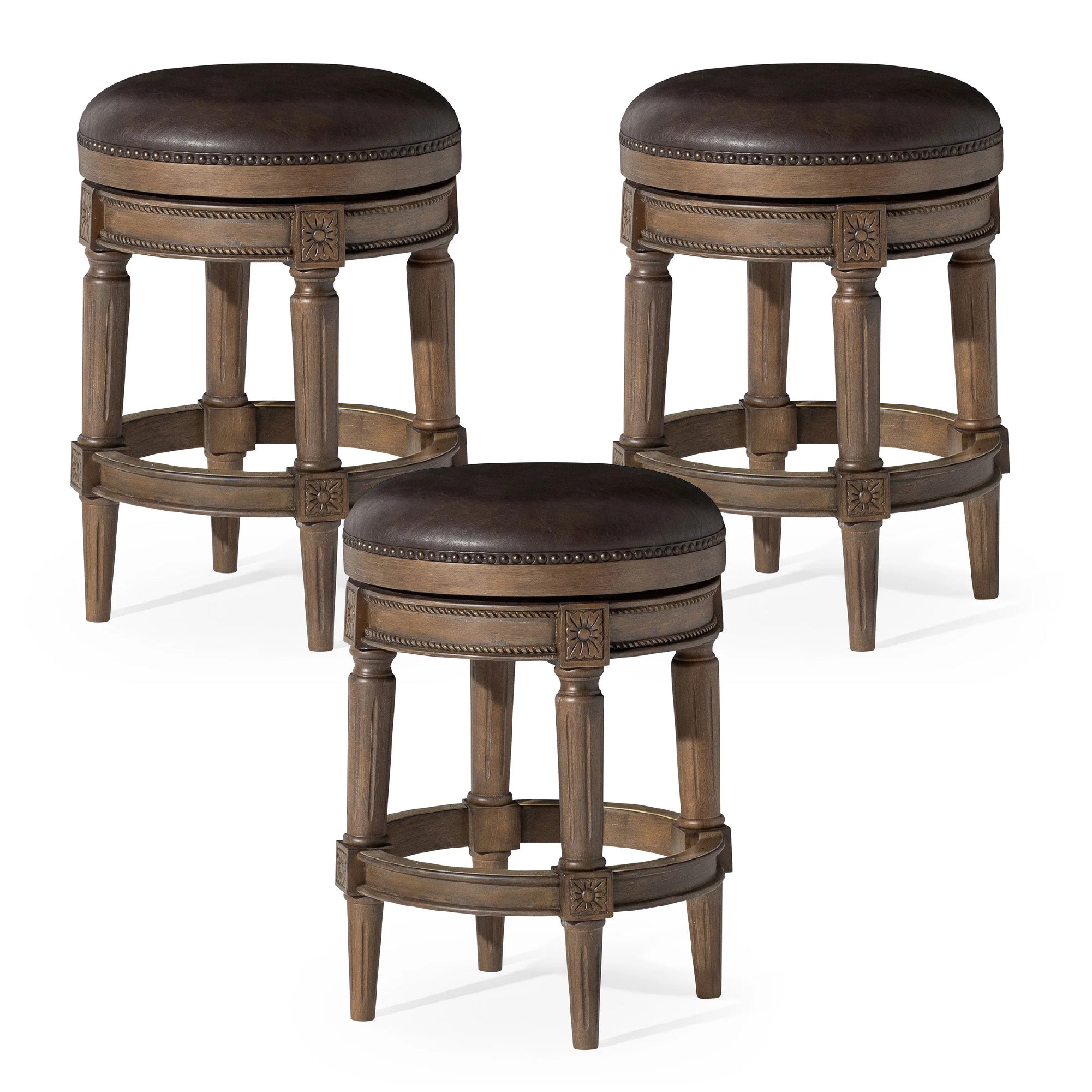 26" Pullman Backless Counter Stool in Brown Finish with Brown Faux Leather (Set of 3) in Stools by Maven Lane