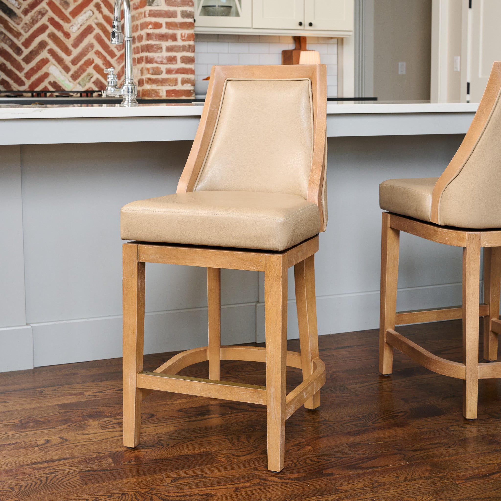 26" Vienna Swivel Counter Stool in Brown Finish with Beige Faux Leather (Set of 4) in Stools by Maven Lane