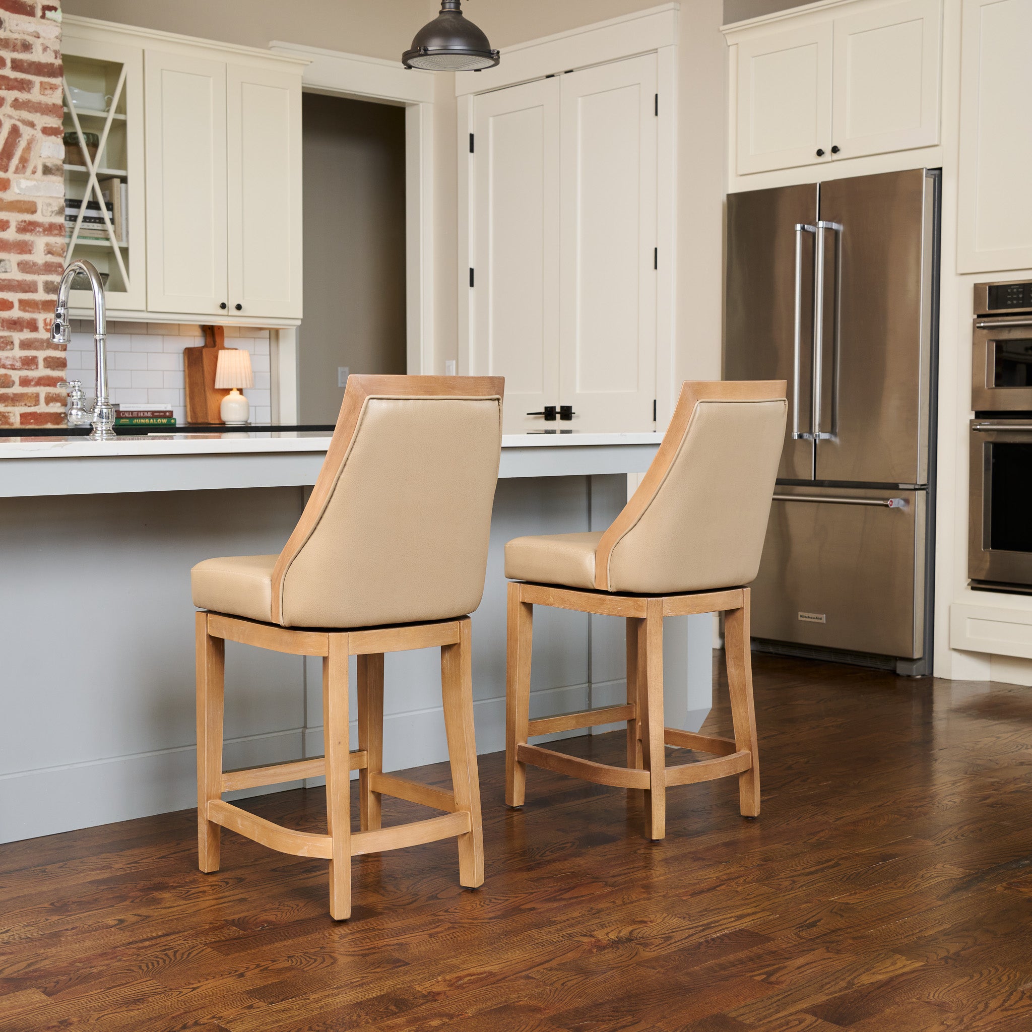 26" Vienna Swivel Counter Stool in Brown Finish with Beige Faux Leather (Set of 4) in Stools by Maven Lane