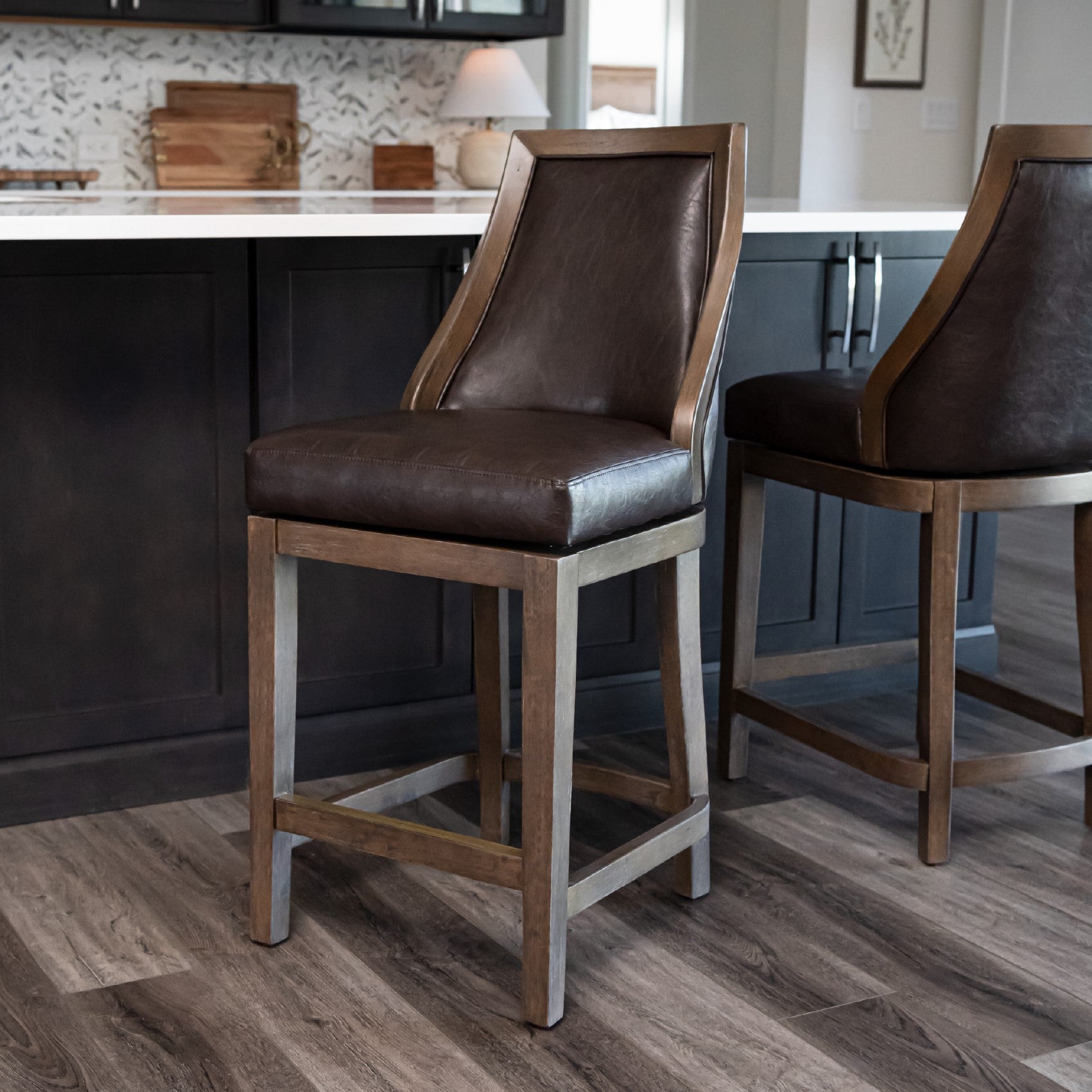 26" Vienna Swivel Counter Stool in Brown Finish with Brown Faux Leather in Stools by Maven Lane