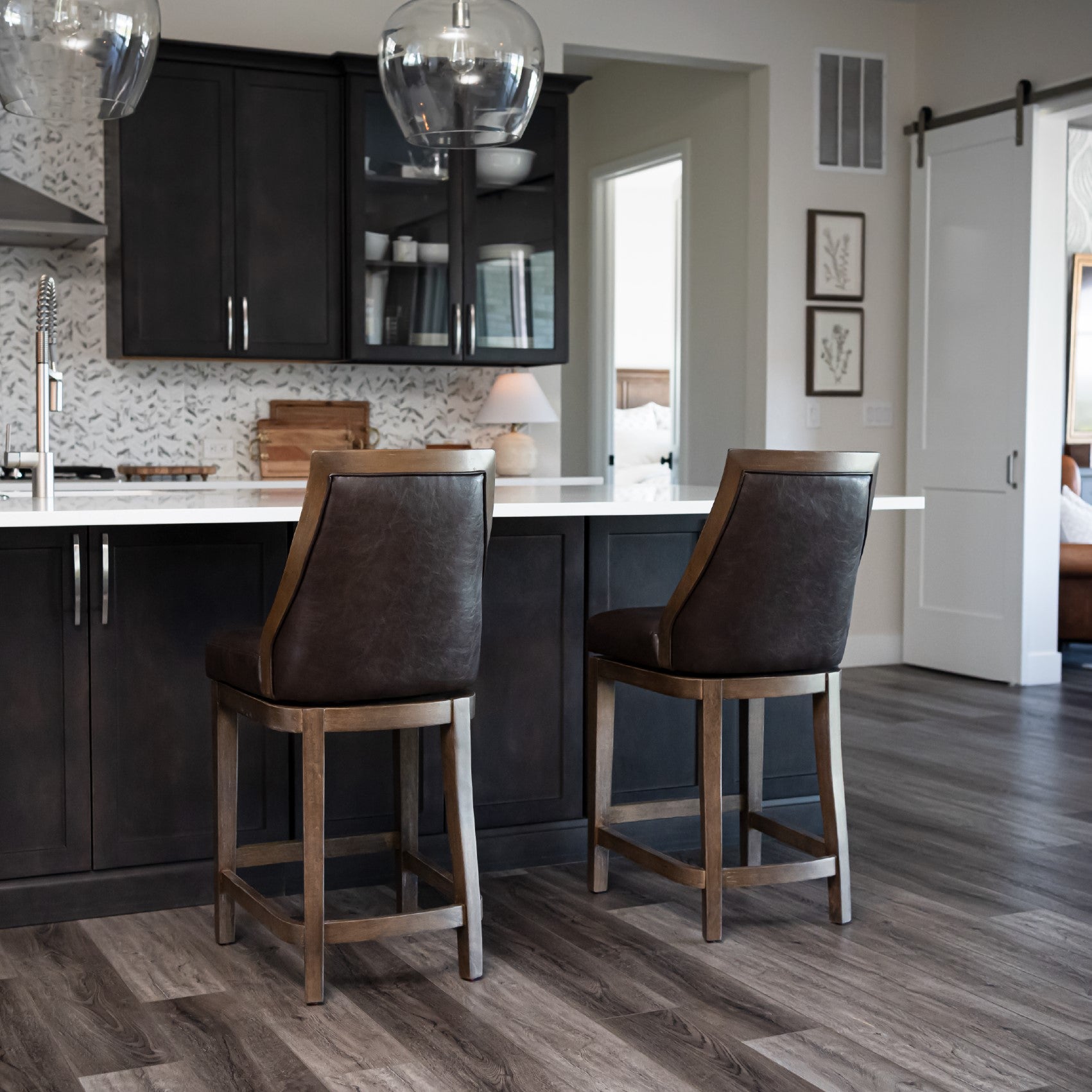 26" Vienna Swivel Counter Stool in Brown Finish with Brown Faux Leather in Stools by Maven Lane