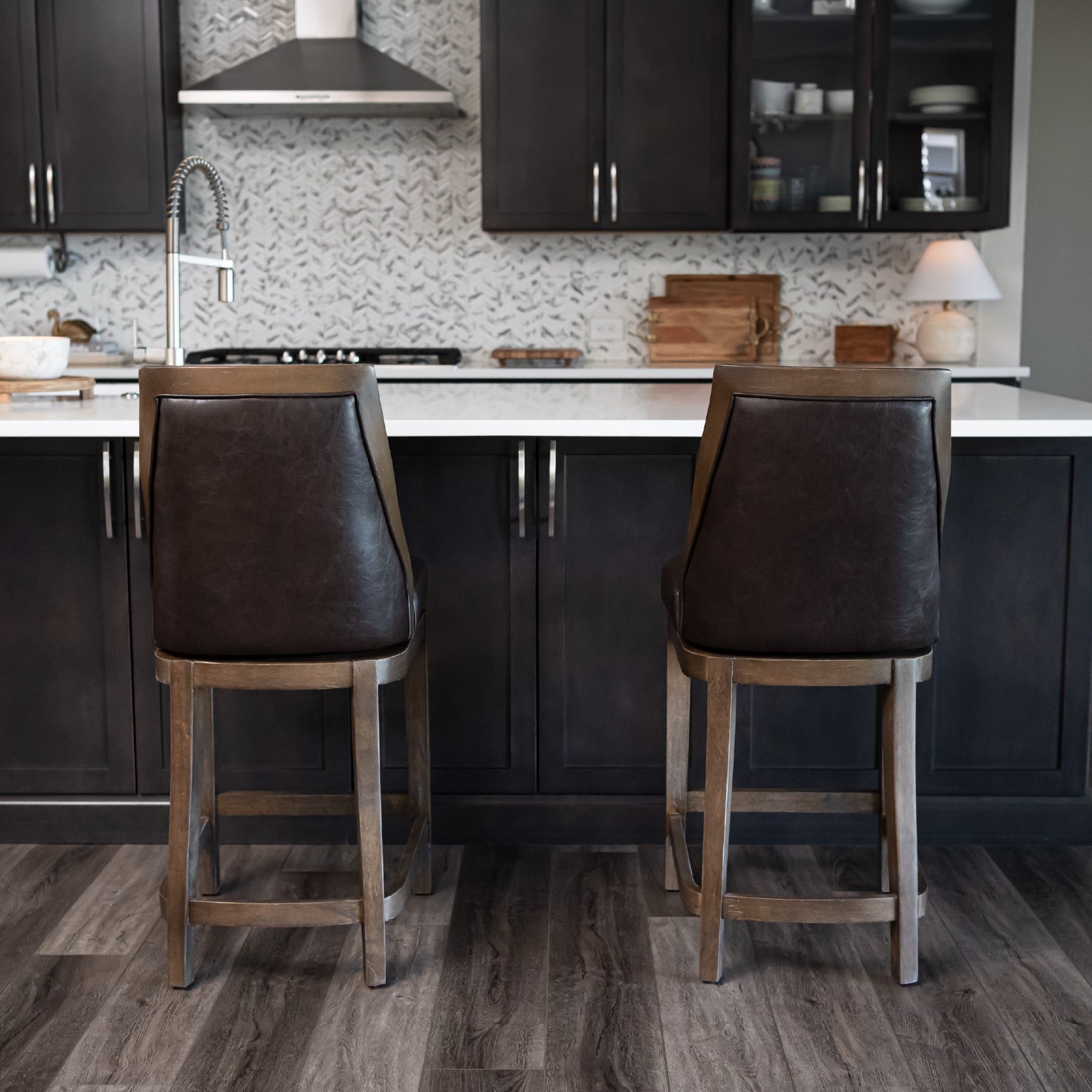 26" Vienna Swivel Counter Stool in Brown Finish with Brown Faux Leather in Stools by Maven Lane