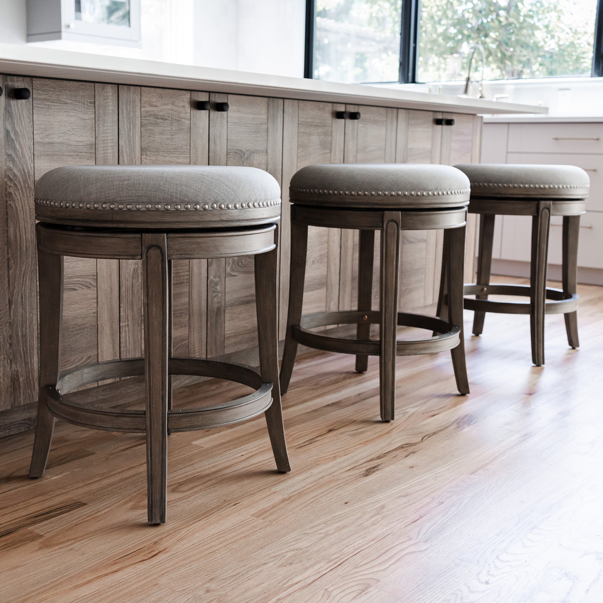 Alexander Backless Bar Stool in Reclaimed Oak Finish with Ash Grey Fabric Upholstery