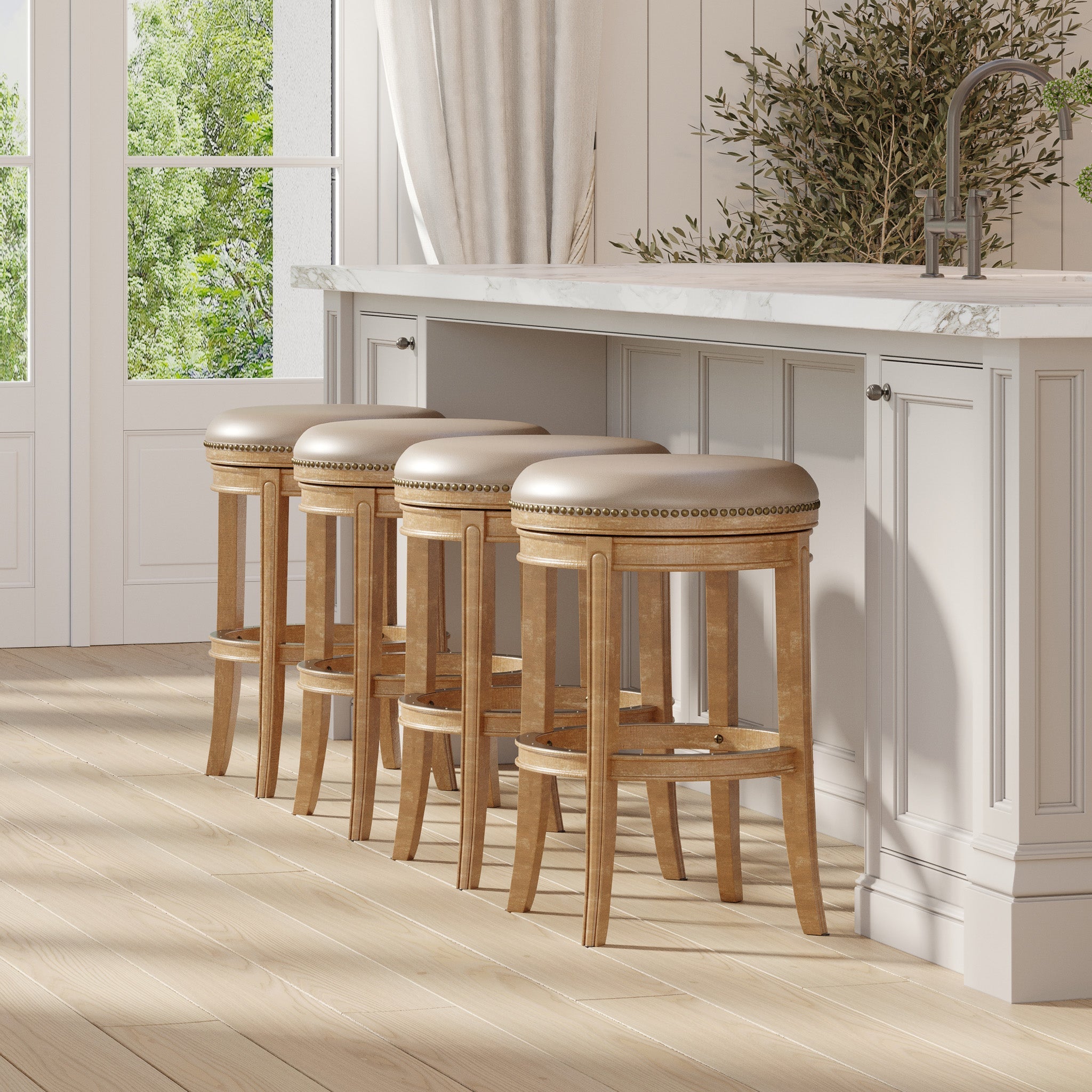 31" Alexander Backless Bar Stool in Natural Finish with Beige Faux Leather Upholstery in Stools by Maven Lane