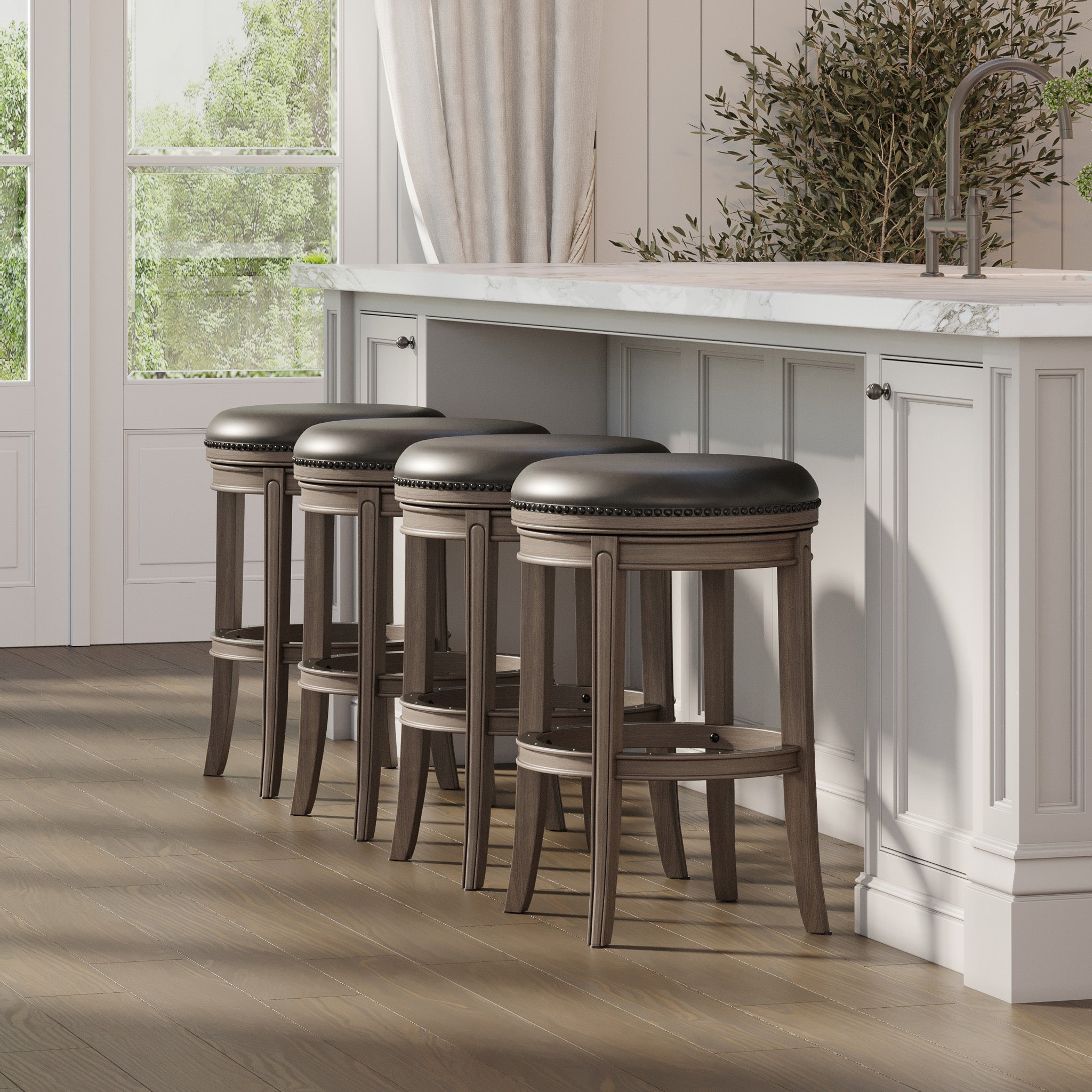 Alexander Backless Bar Stool in Reclaimed Oak Finish with Ronan Stone Vegan Leather in Stools by Maven Lane