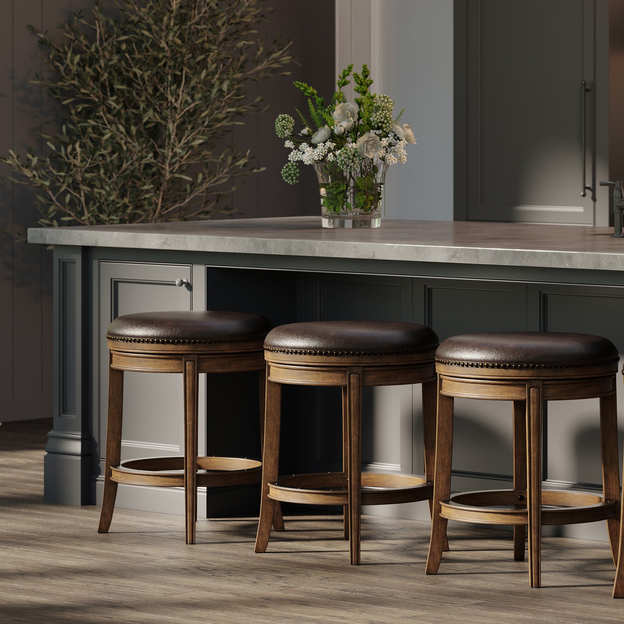 Alexander Backless Counter Stool in Walnut Finish with Marksman Saddle Vegan Leather in Stools by Maven Lane