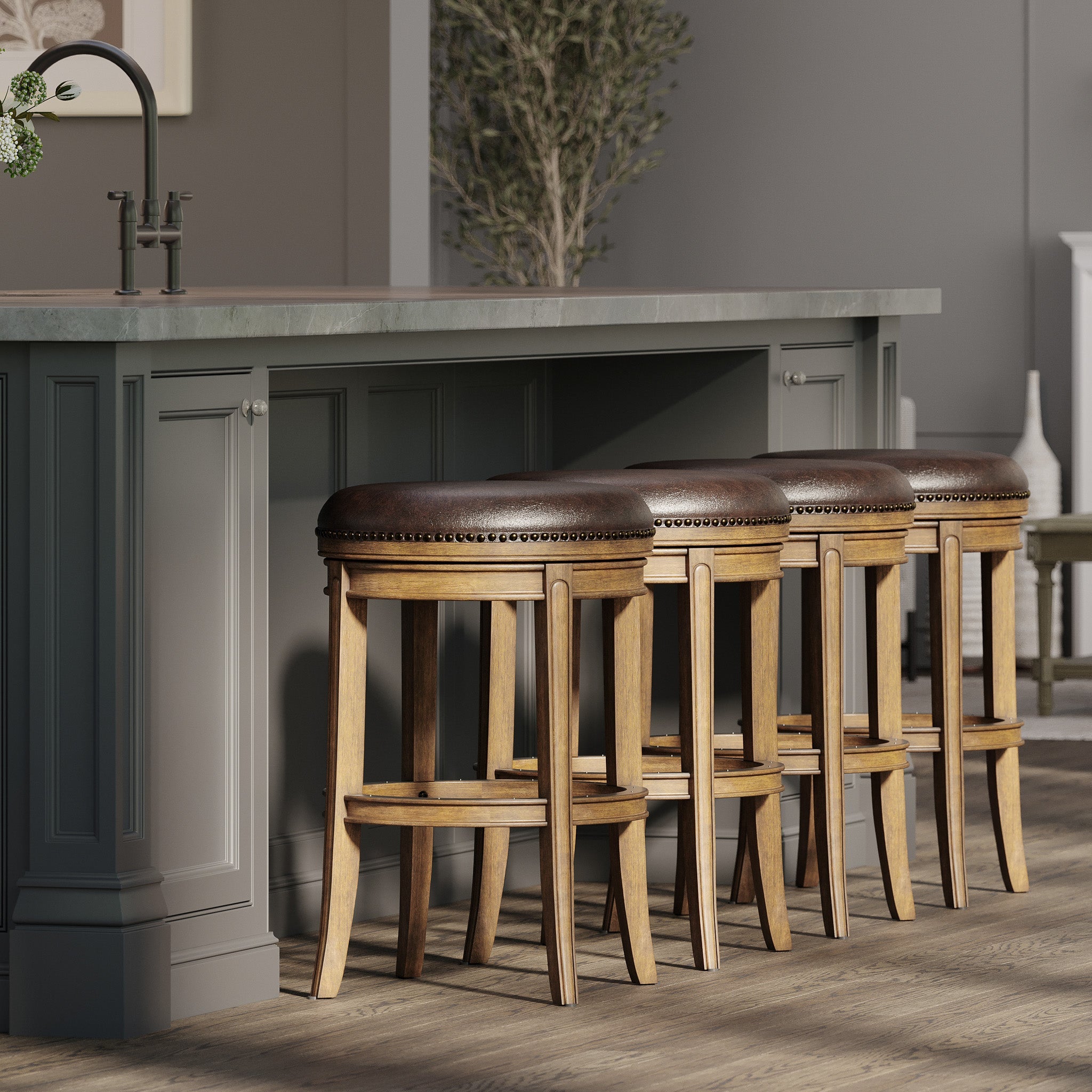 31" Alexander Backless Bar Stool in Brown Finish with Brown Faux Leather Upholstery in Stools by Maven Lane