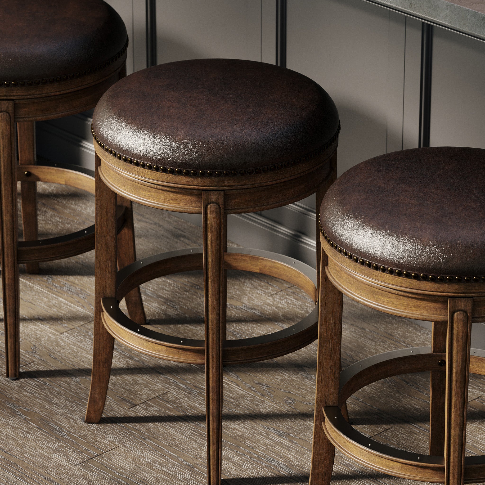 Alexander Backless Bar Stool in Walnut Finish with Marksman Saddle Vegan Leather in Stools by Maven Lane