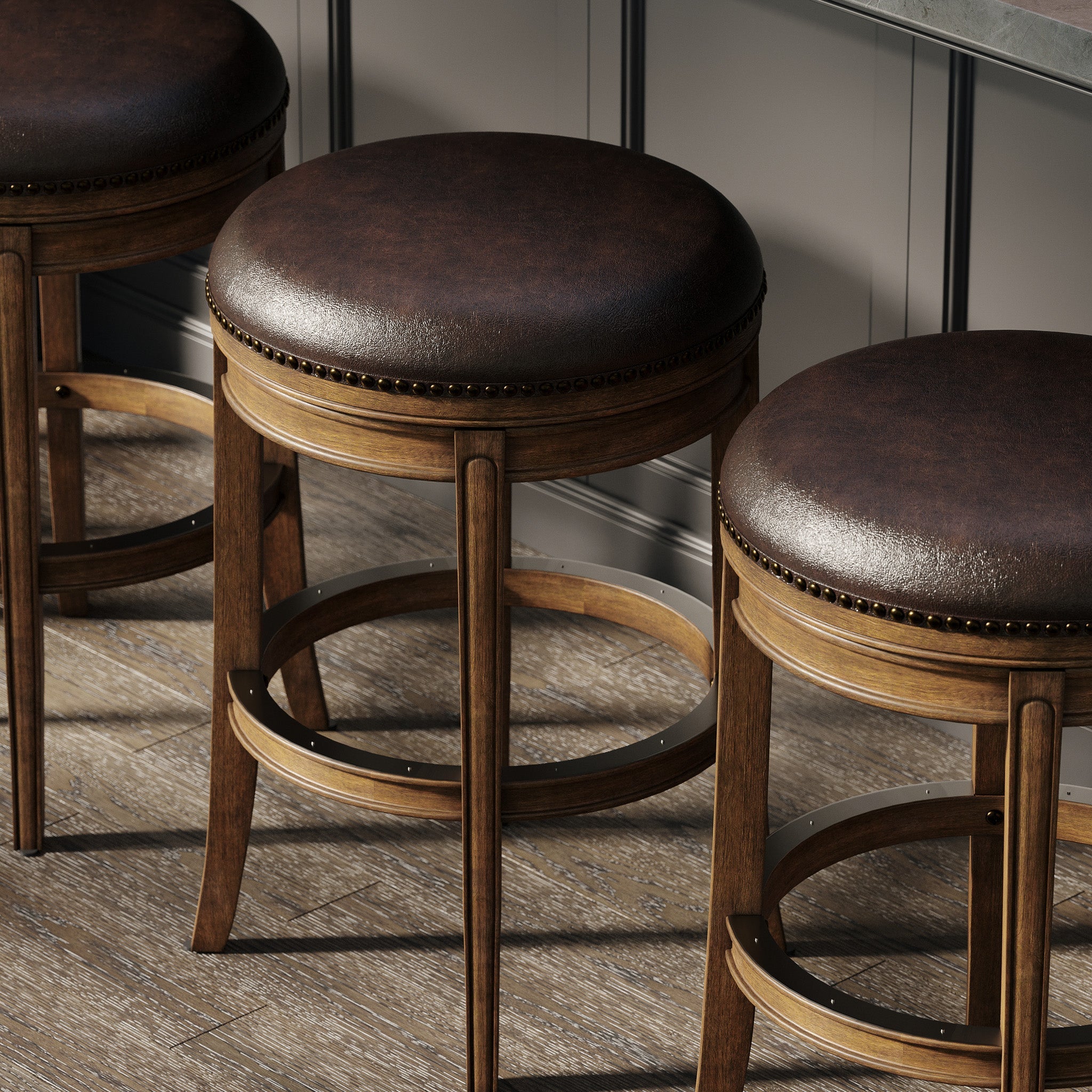 31" Alexander Backless Bar Stool in Brown Finish with Brown Faux Leather Upholstery in Stools by Maven Lane