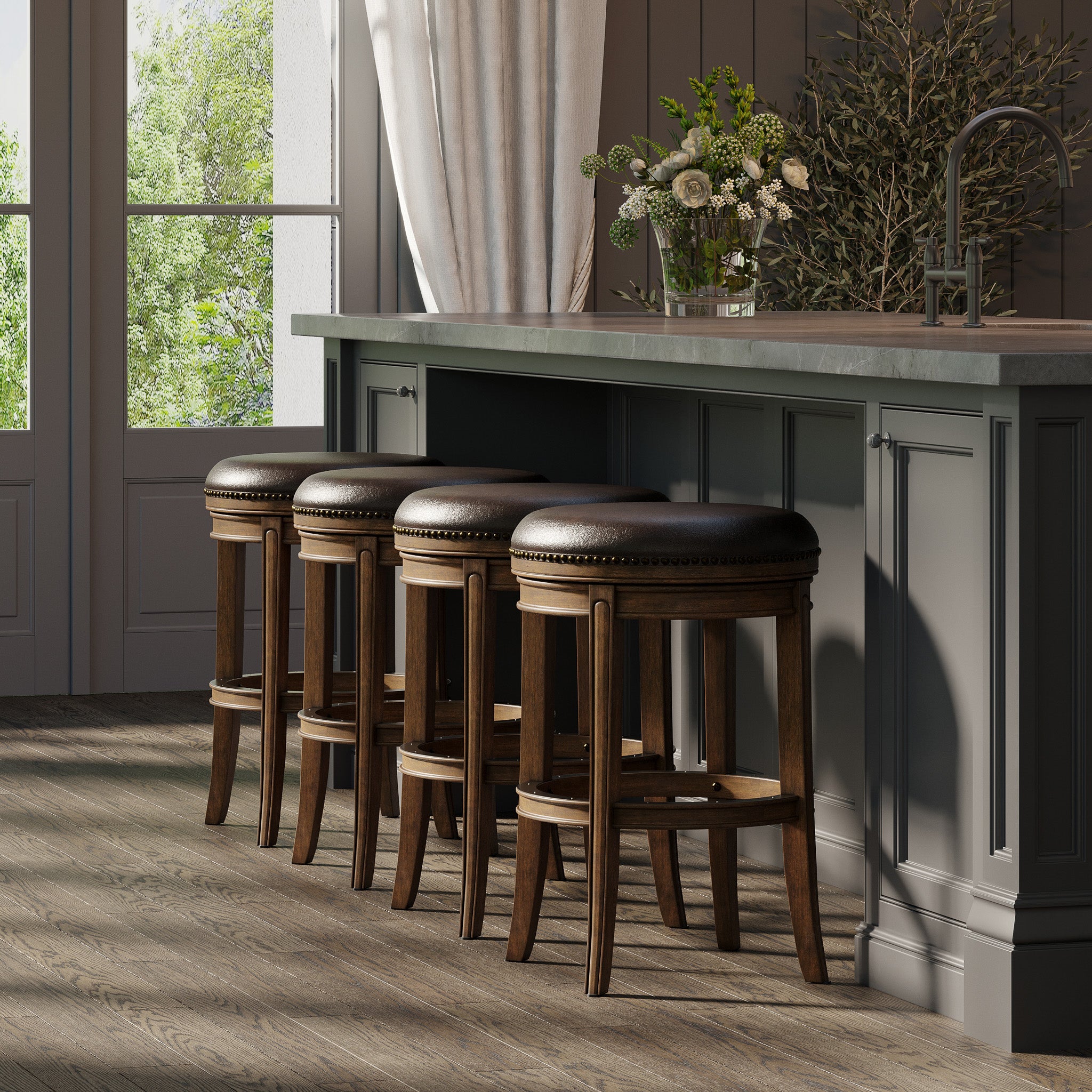 Alexander Backless Bar Stool in Walnut Finish with Marksman Saddle Vegan Leather in Stools by Maven Lane