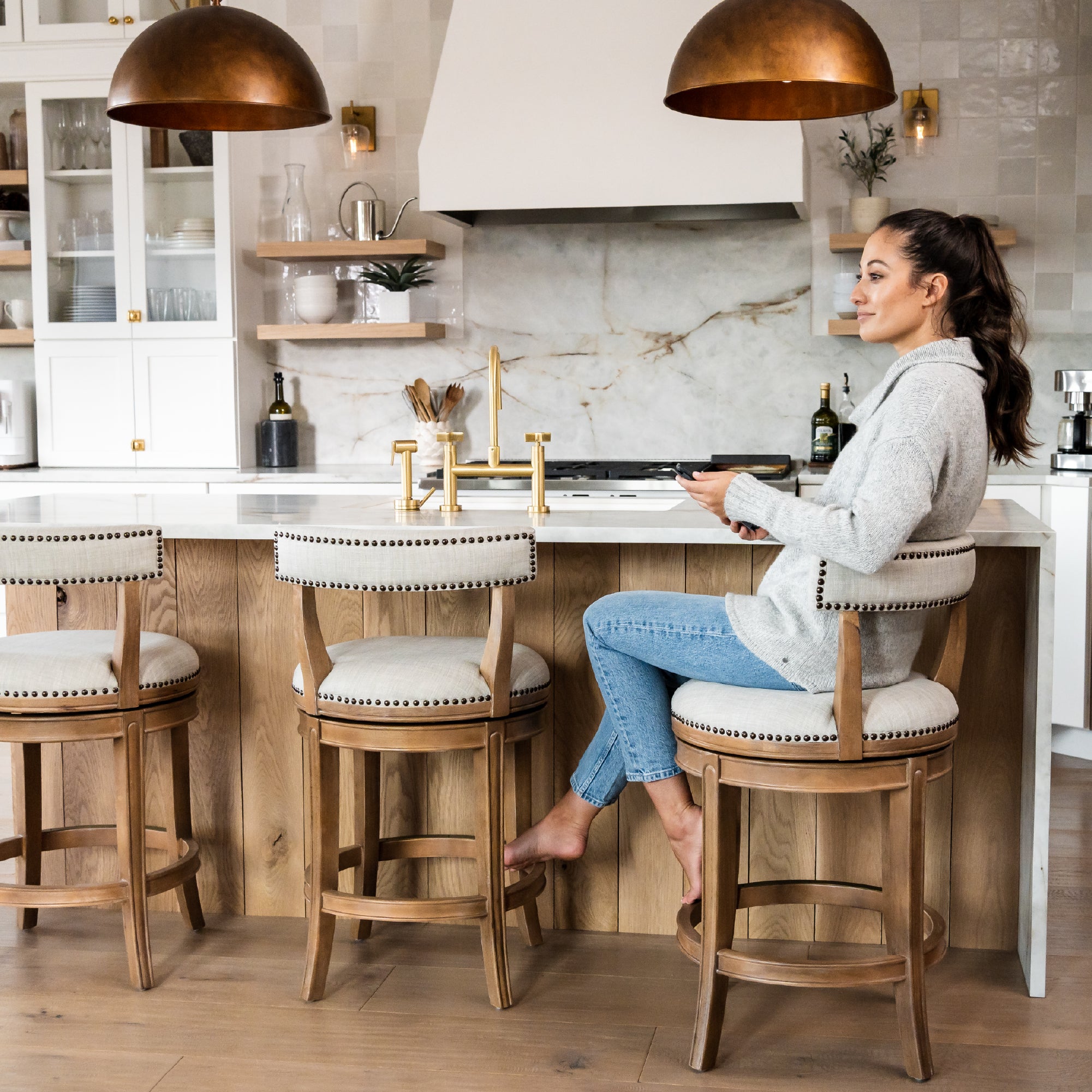 26" Alexander Counter Stool in Weathered Oak Finish with Sand Color Fabric Upholstery in Stools by Maven Lane