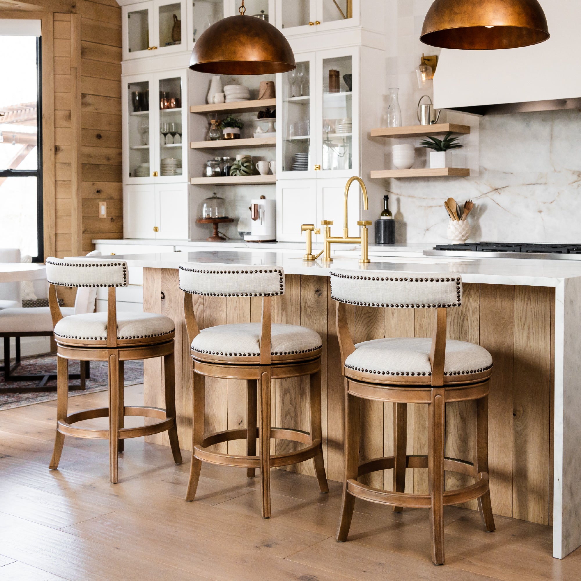 Alexander Counter Stool in Light Brown Finish with Natural Fabric Upholstery in Stools by Maven Lane