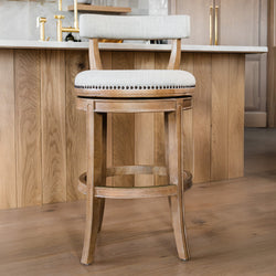 Alexander Bar Stool in Light Brown Finish with Natural Fabric Upholstery in Stools by Maven Lane