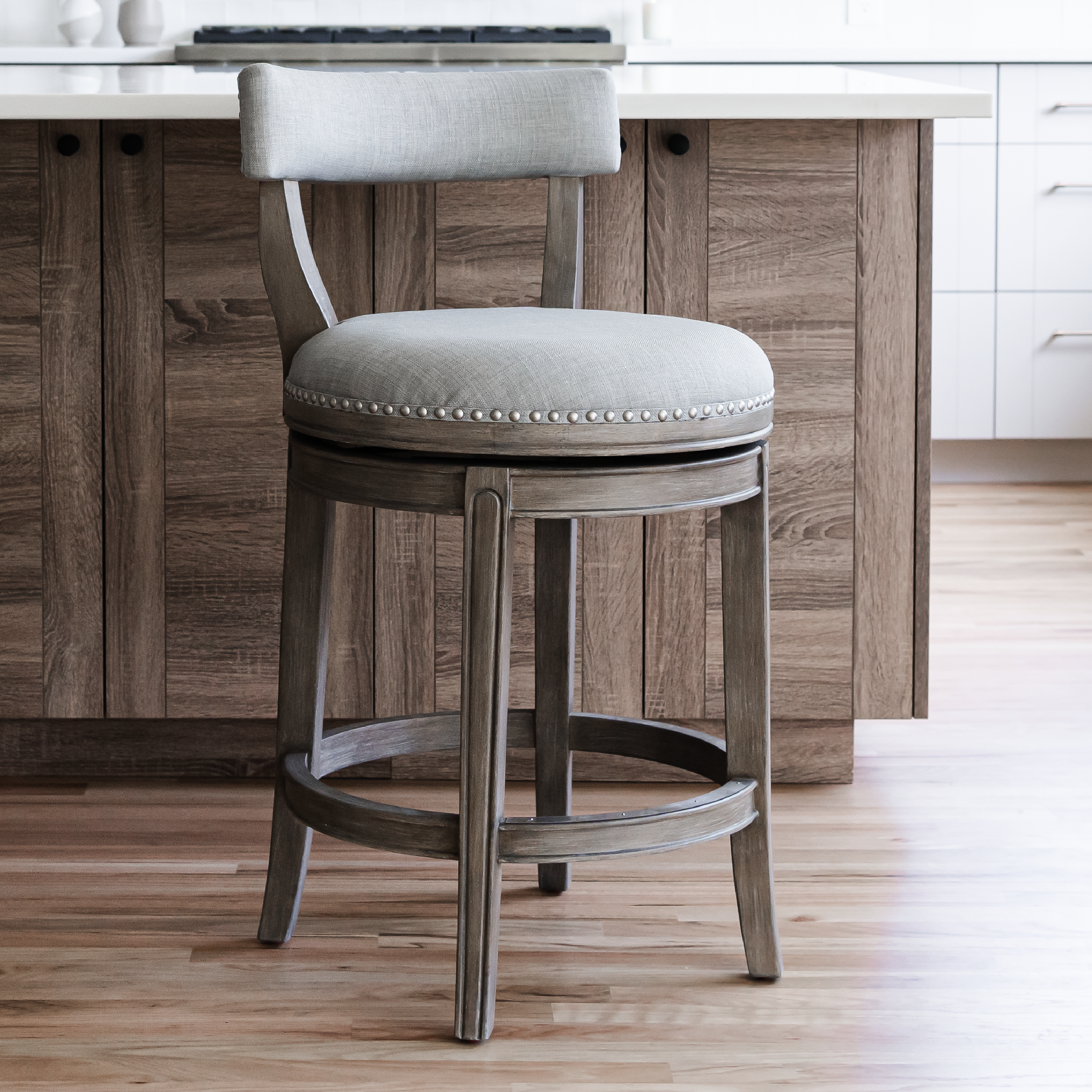 26" Alexander Counter Stool in Reclaimed Oak Finish with Ash Grey Fabric Upholstery in Stools by Maven Lane