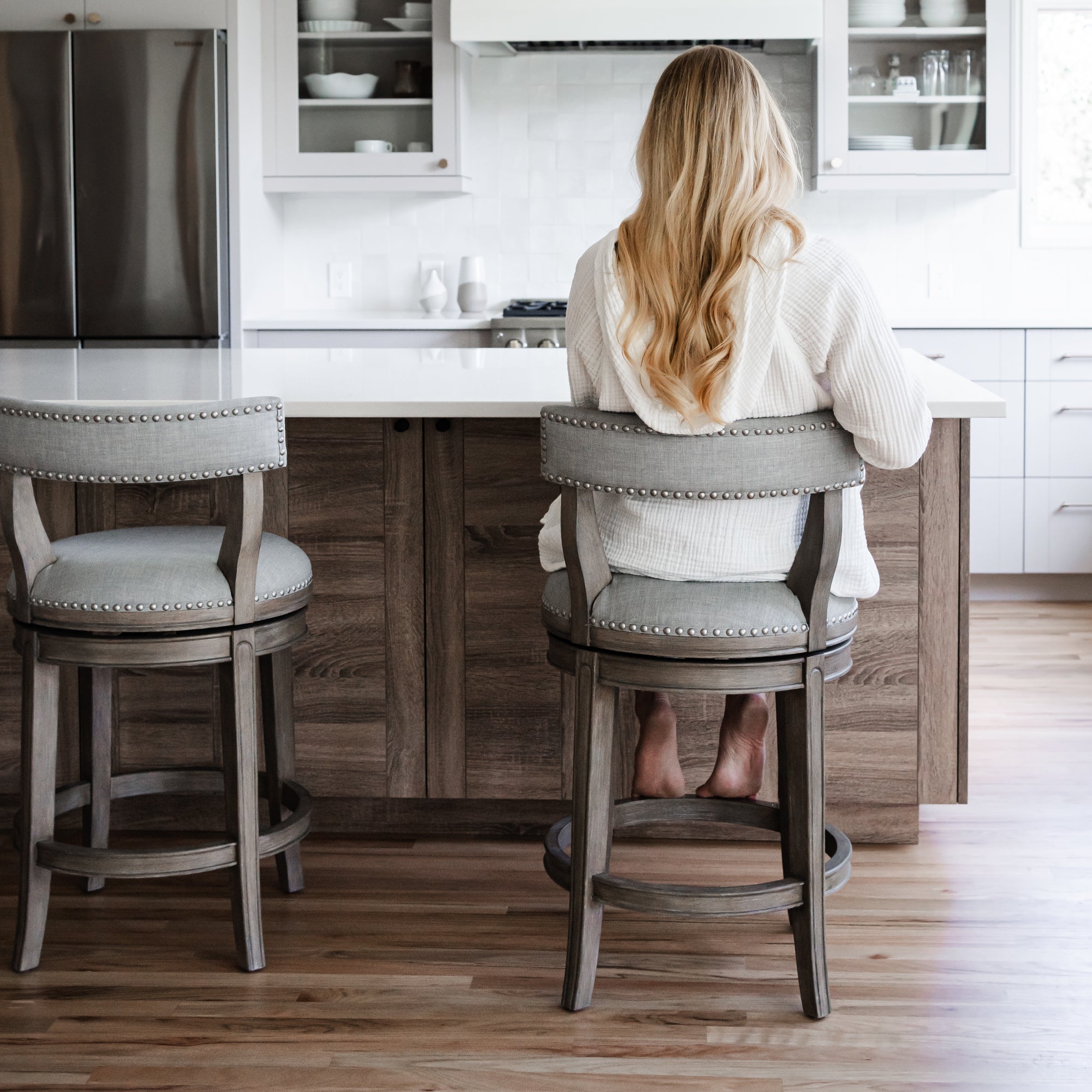 Alexander Counter Stool in Grey Finish with Grey Fabric Upholstery in Stools by Maven Lane