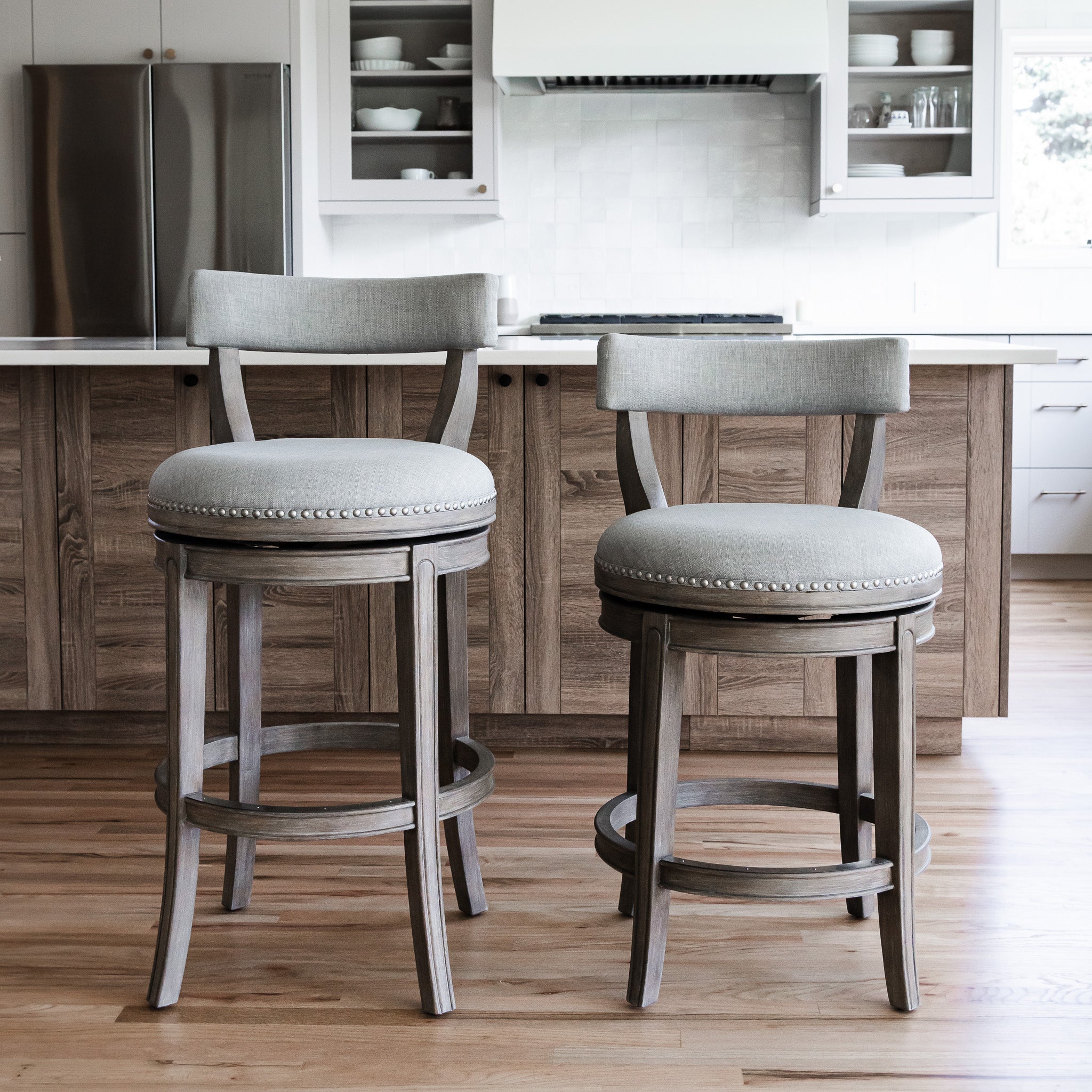 Alexander Counter Stool in Reclaimed Oak Finish with Ash Grey Fabric Upholstery in Stools by Maven Lane