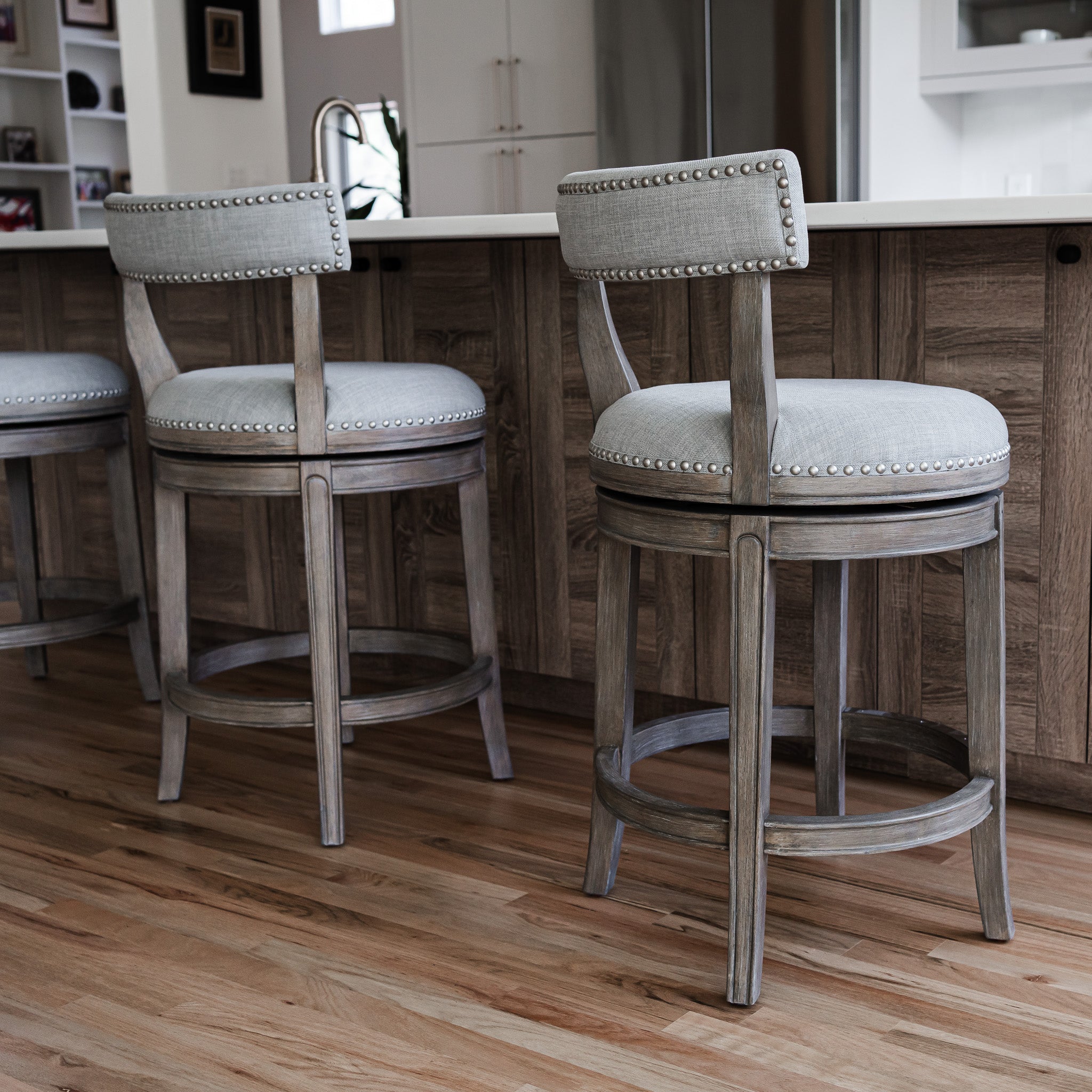 Alexander Bar Stool in Reclaimed Oak Finish with Ash Grey Fabric Upholstery in Stools by Maven Lane