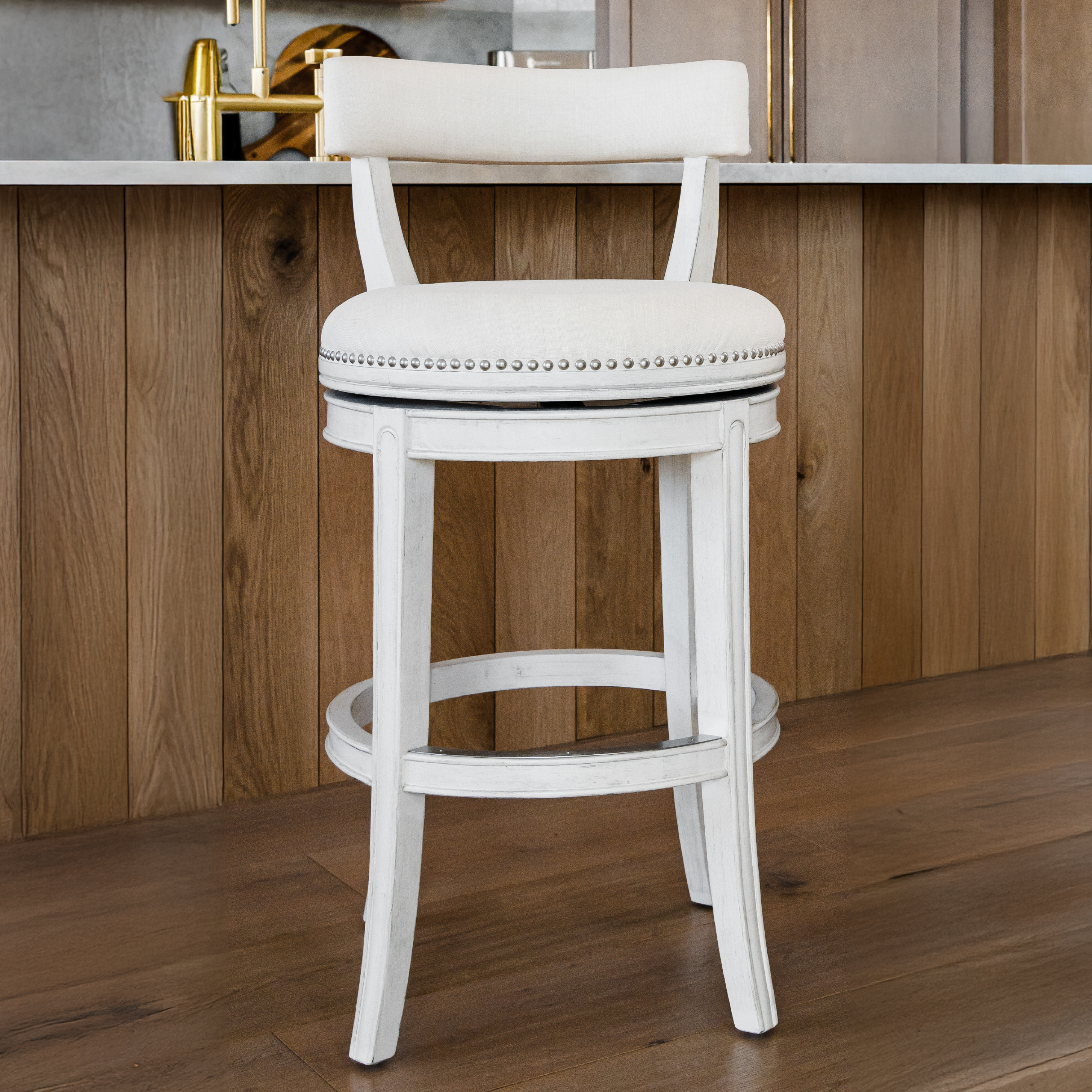 31" Alexander Bar Stool in Cream Finish with Natural Fabric Upholstery in Stools by Maven Lane