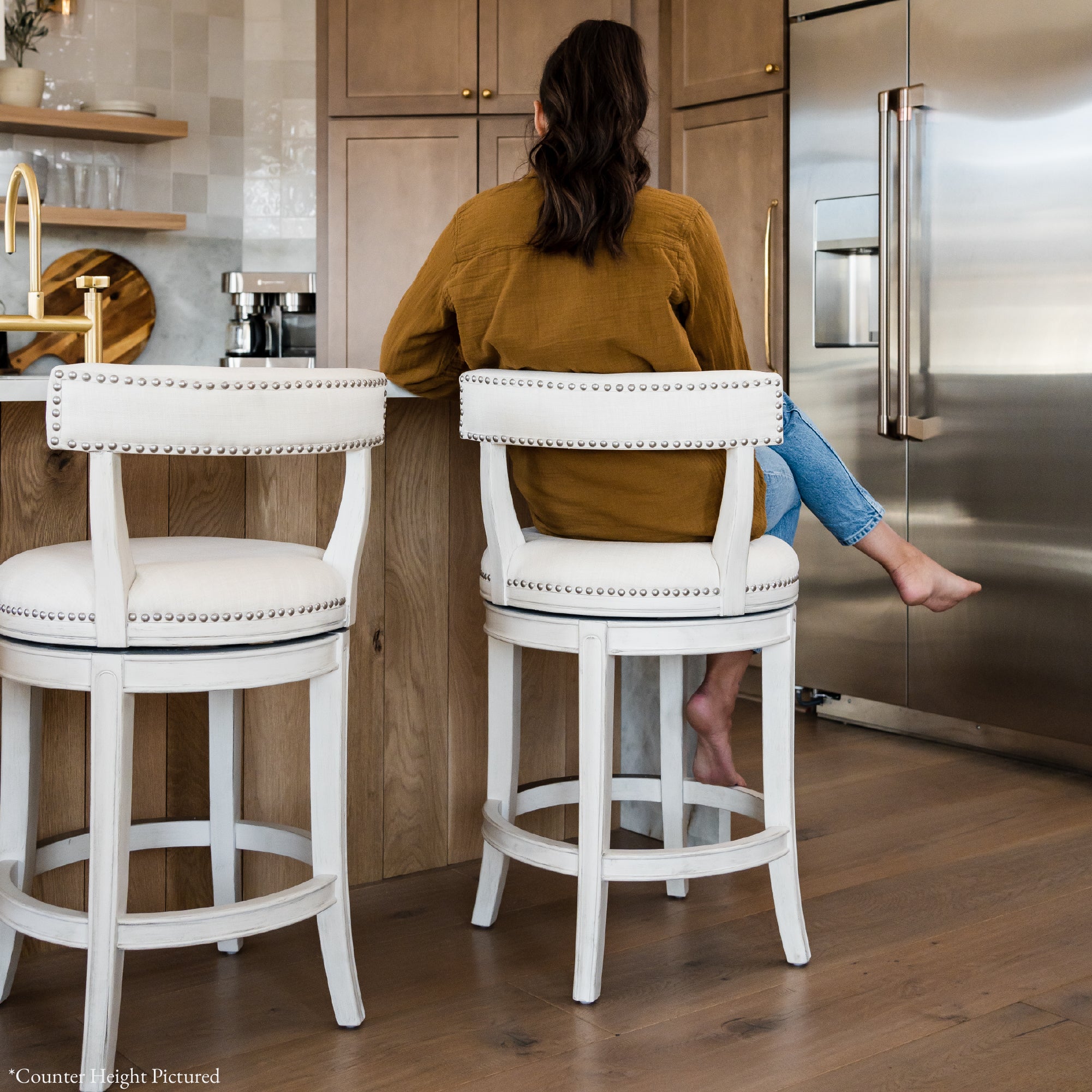 31" Alexander Bar Stool in Cream Finish with Natural Fabric Upholstery in Stools by Maven Lane