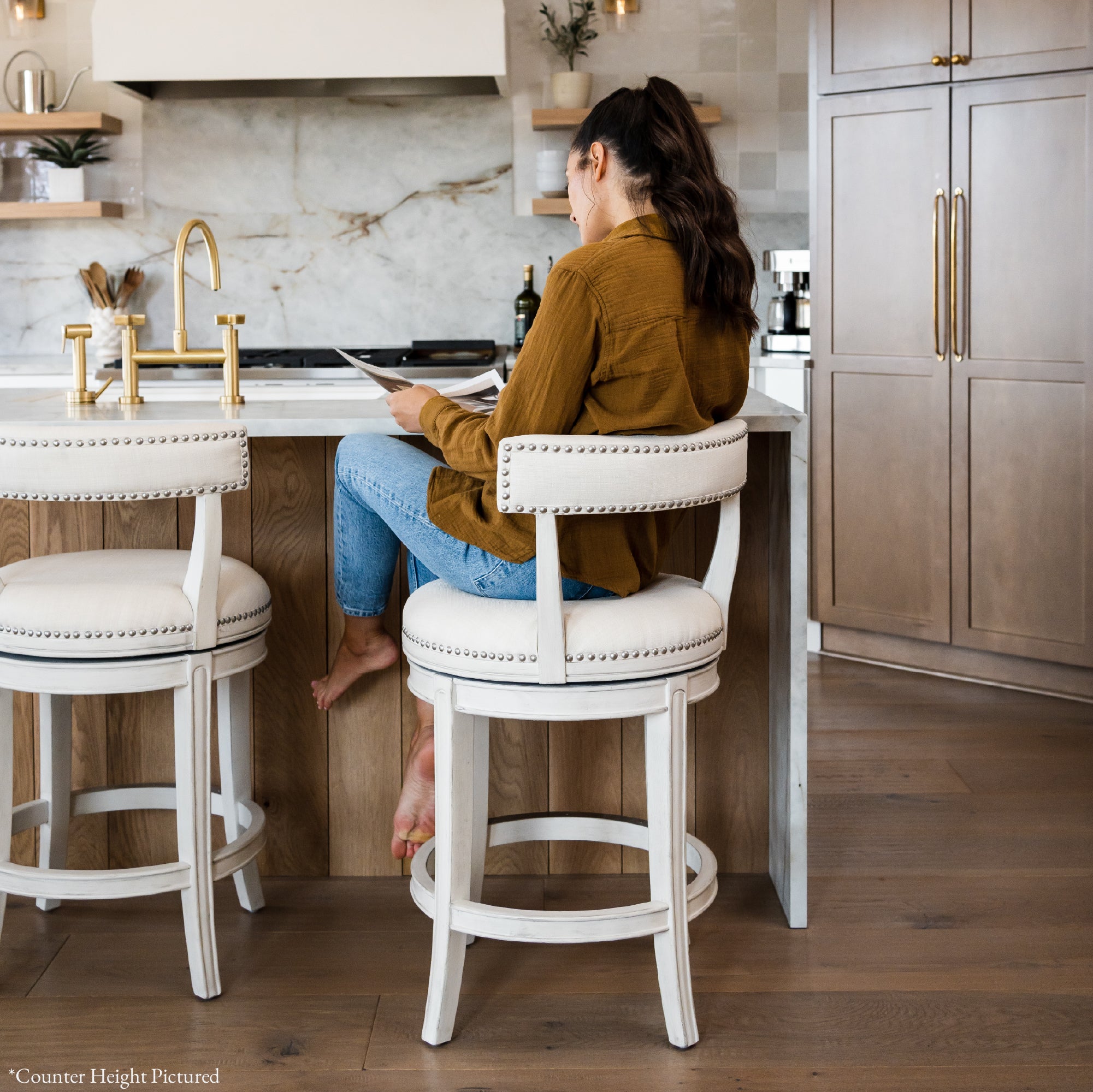 31" Alexander Bar Stool in Cream Finish with Natural Fabric Upholstery in Stools by Maven Lane