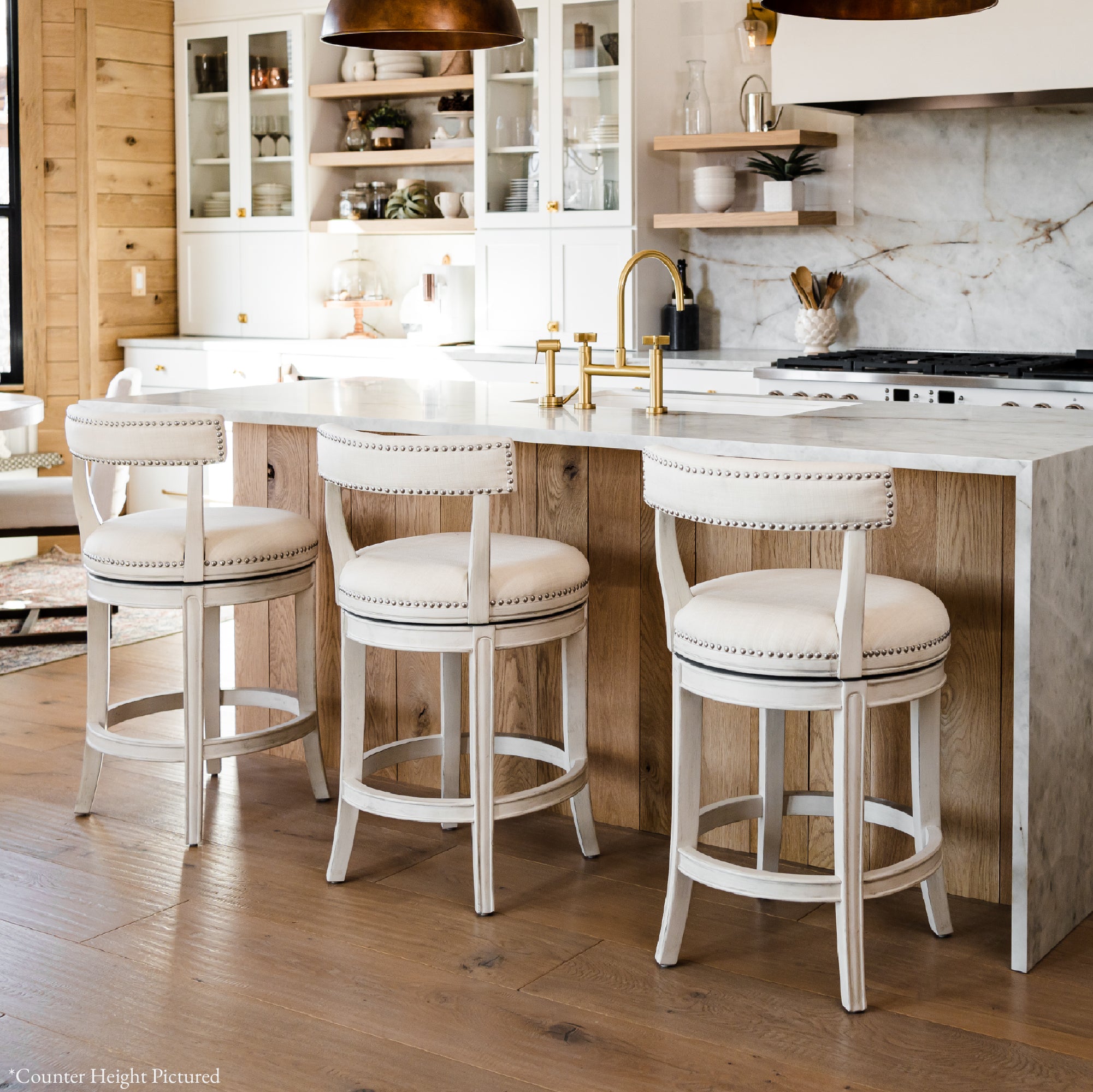 31" Alexander Bar Stool in Cream Finish with Natural Fabric Upholstery in Stools by Maven Lane