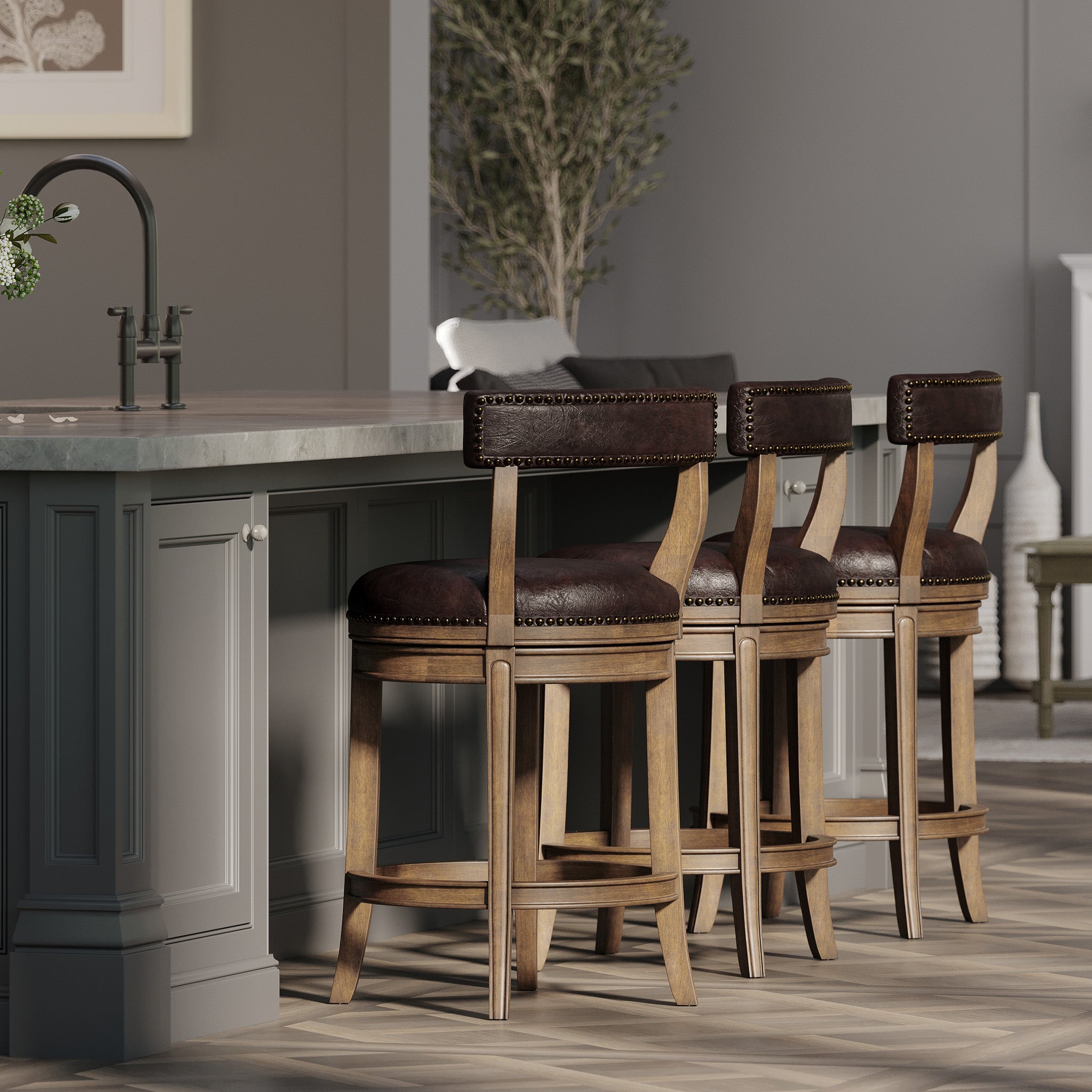 Alexander Counter Stool in Walnut Finish with Marksman Saddle Vegan Leather in Stools by Maven Lane