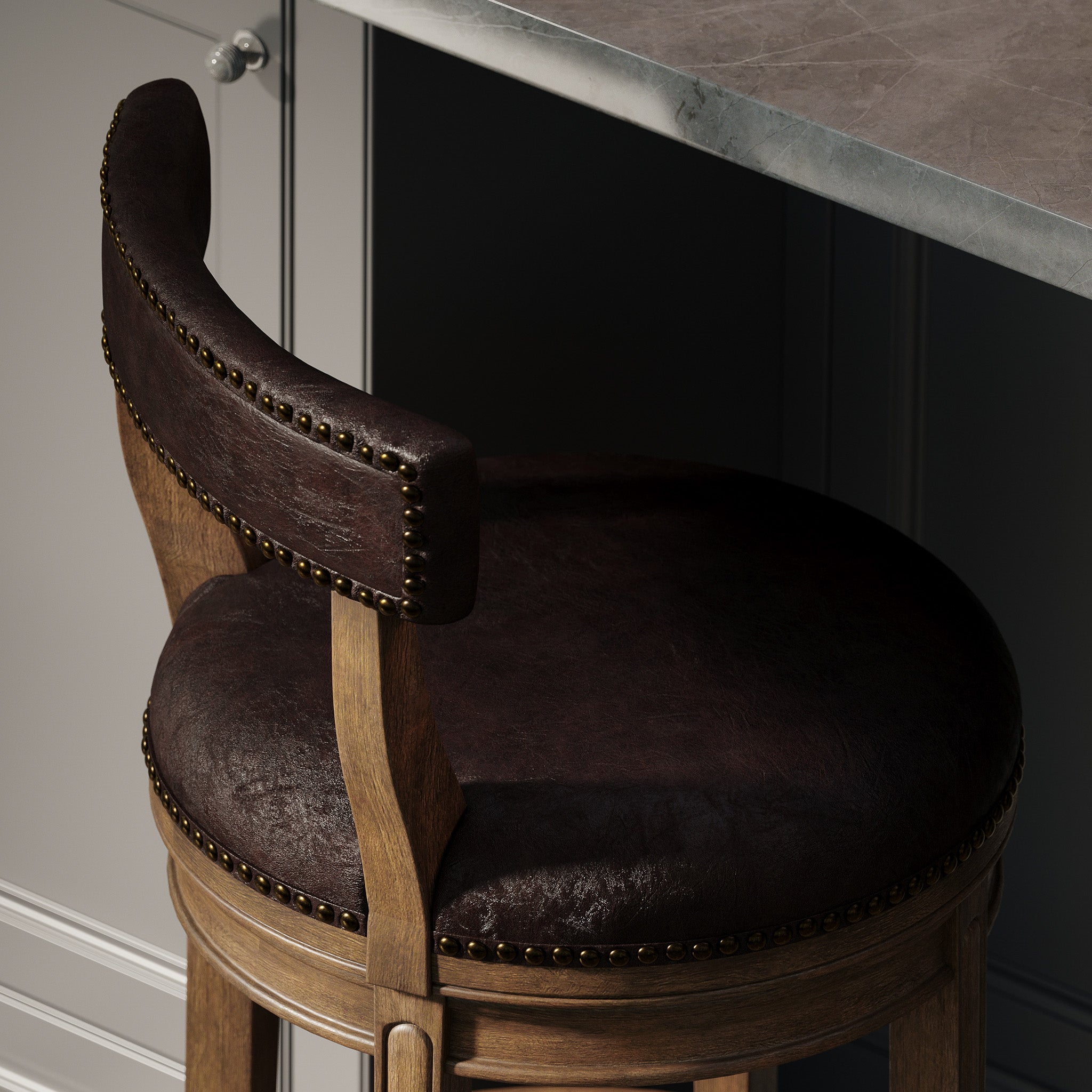 Alexander Bar Stool in Walnut Finish with Marksman Saddle Vegan Leather in Stools by Maven Lane