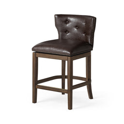 Hugo Counter Stool in Brown Finish with Dark Brown Faux Leather Upholstery