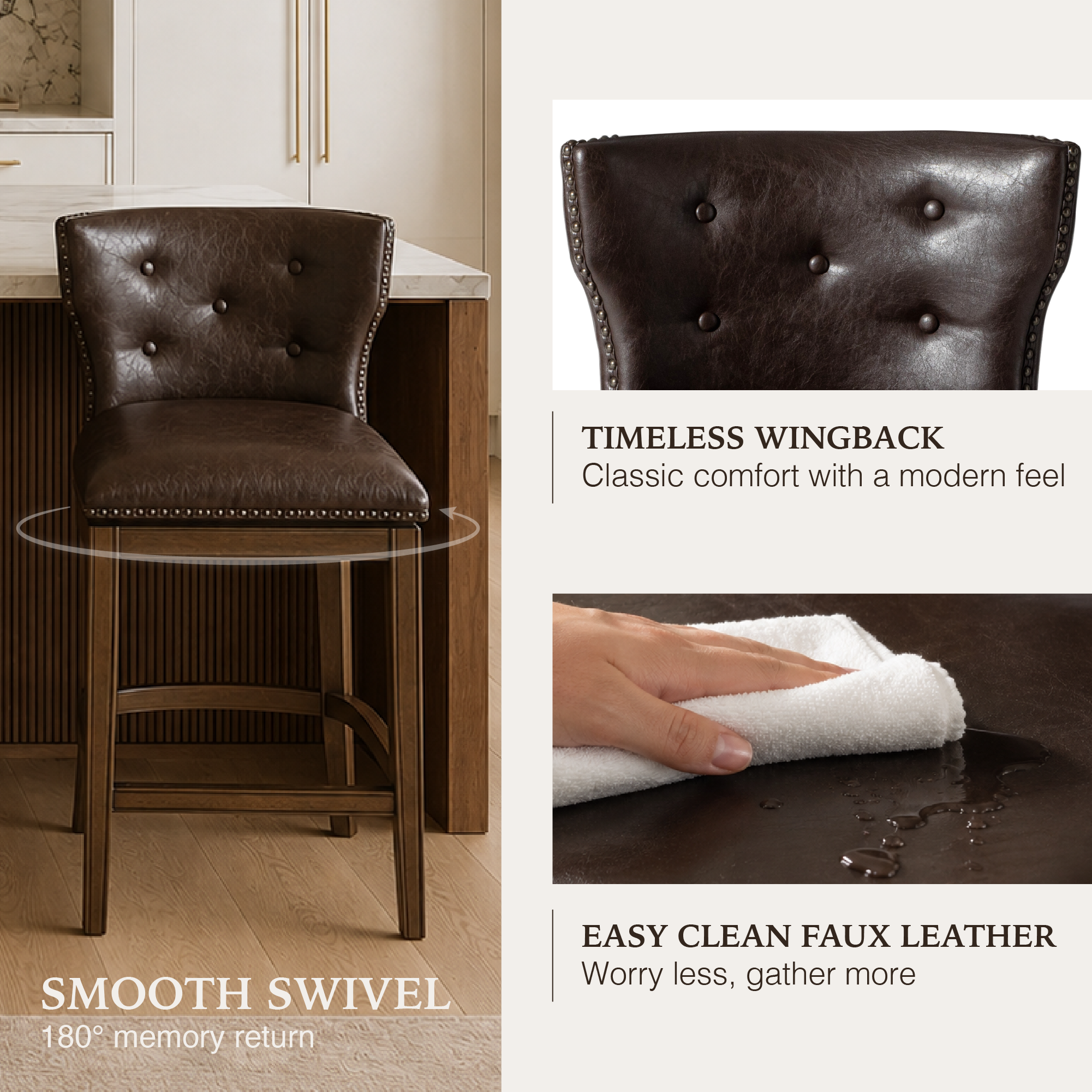 Hugo Counter Stool in Brown Finish with Dark Brown Faux Leather Upholstery in Stools by Maven Lane