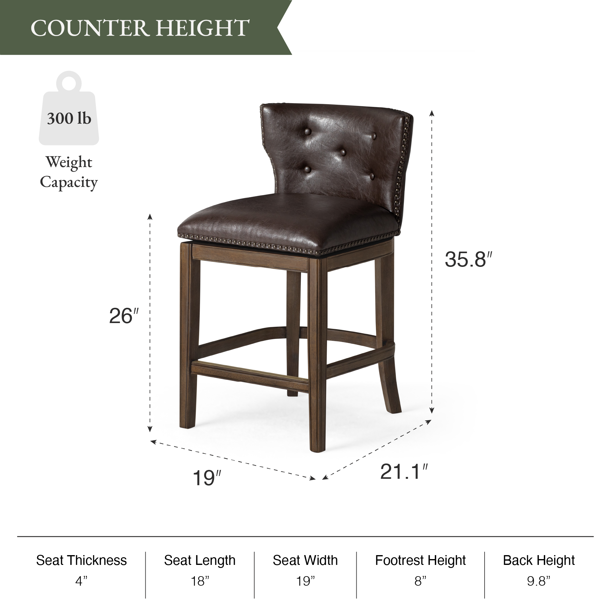 Hugo Counter Stool in Brown Finish with Dark Brown Faux Leather Upholstery in Stools by Maven Lane