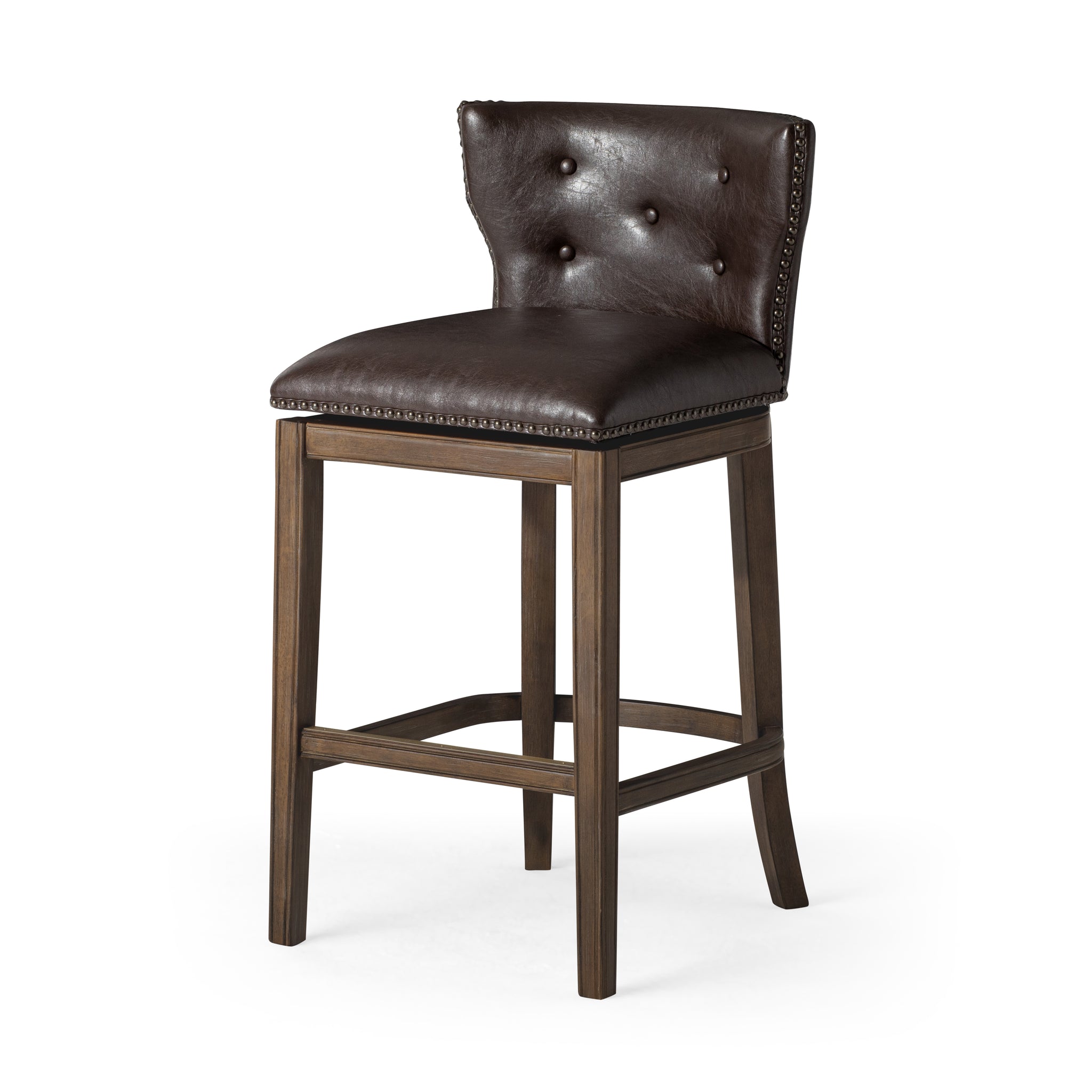 Hugo Bar Stool in Brown Finish with Dark Brown Faux Leather Upholstery in Stools by Maven Lane