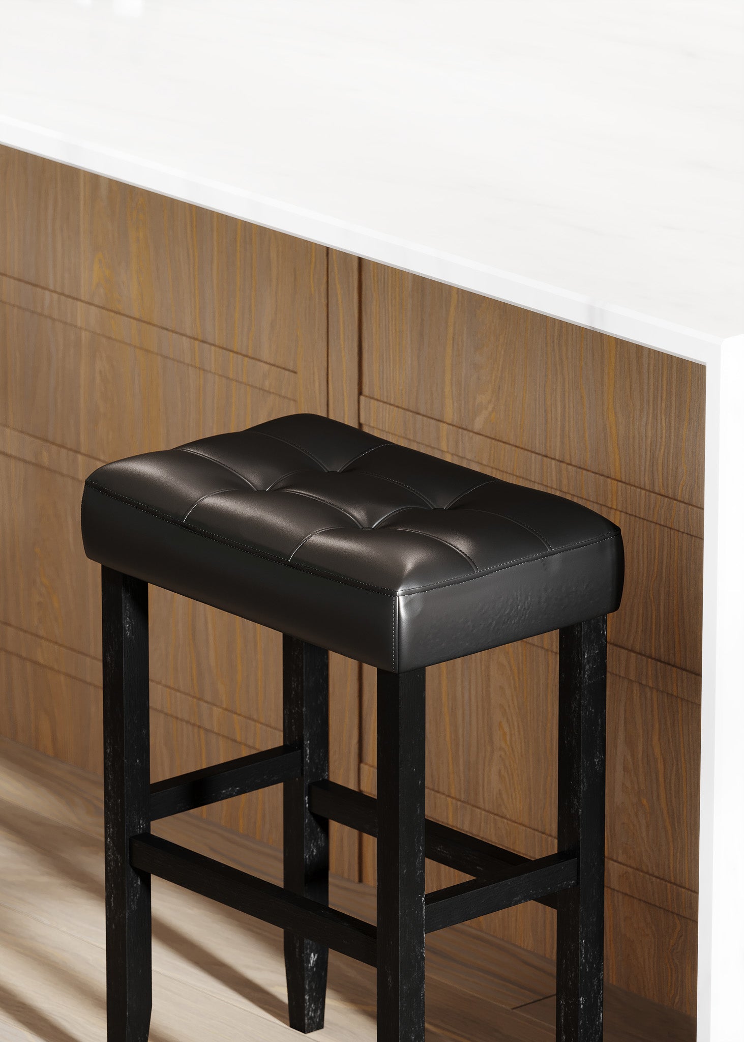 Harper Bar Stool in Rustic Black Wood Finish with Distressed Black Vegan Leather, Set of 2 in Stools by Maven Lane