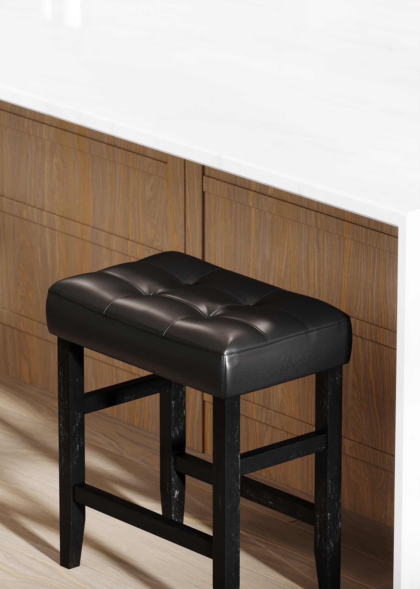 Harper Counter Stool in Rustic Black Wood Finish with Distressed Black Vegan Leather, Set of 2 in Stools by Maven Lane