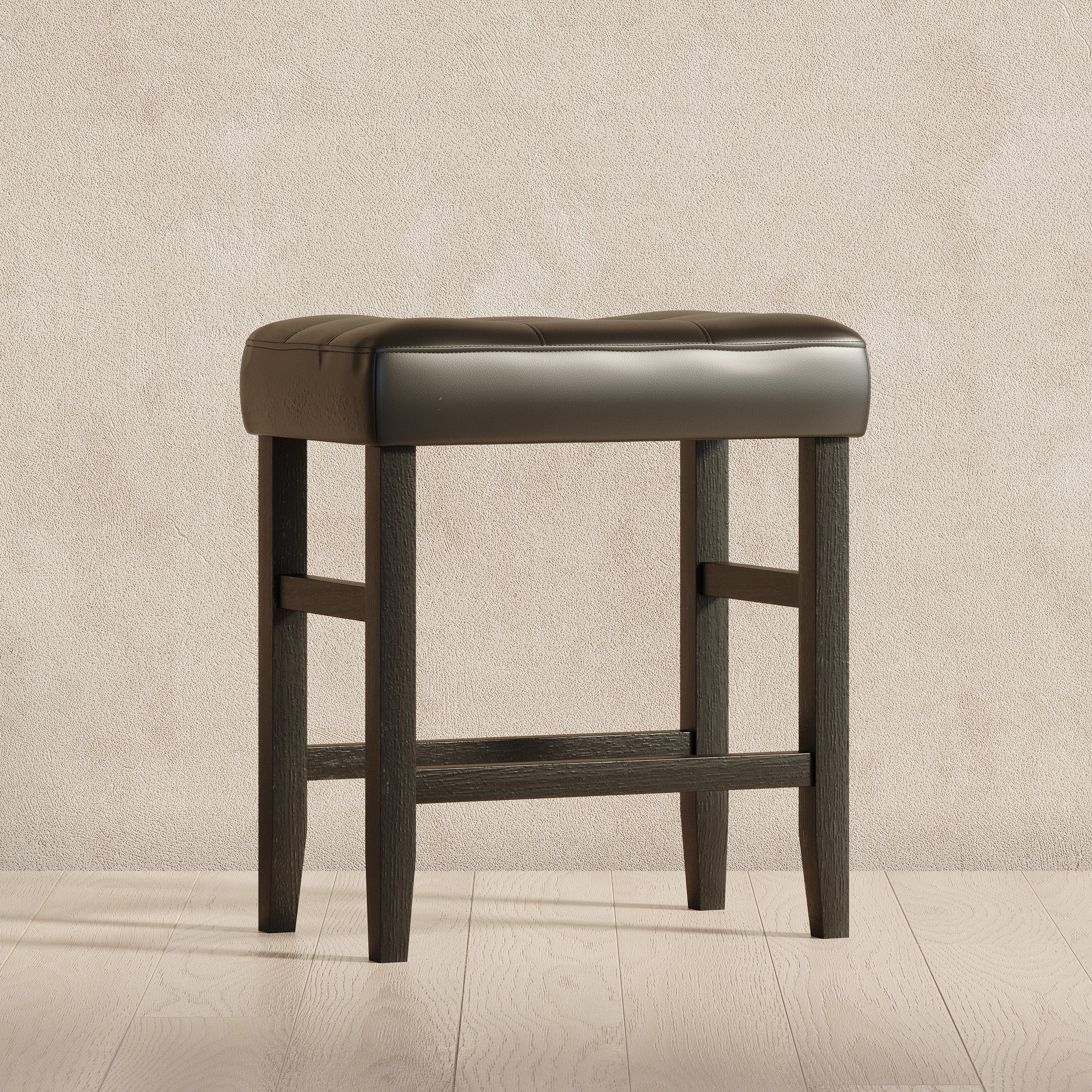 Harper Counter Stool in Rustic Black Wood Finish with Distressed Black Vegan Leather, Set of 2 in Stools by Maven Lane