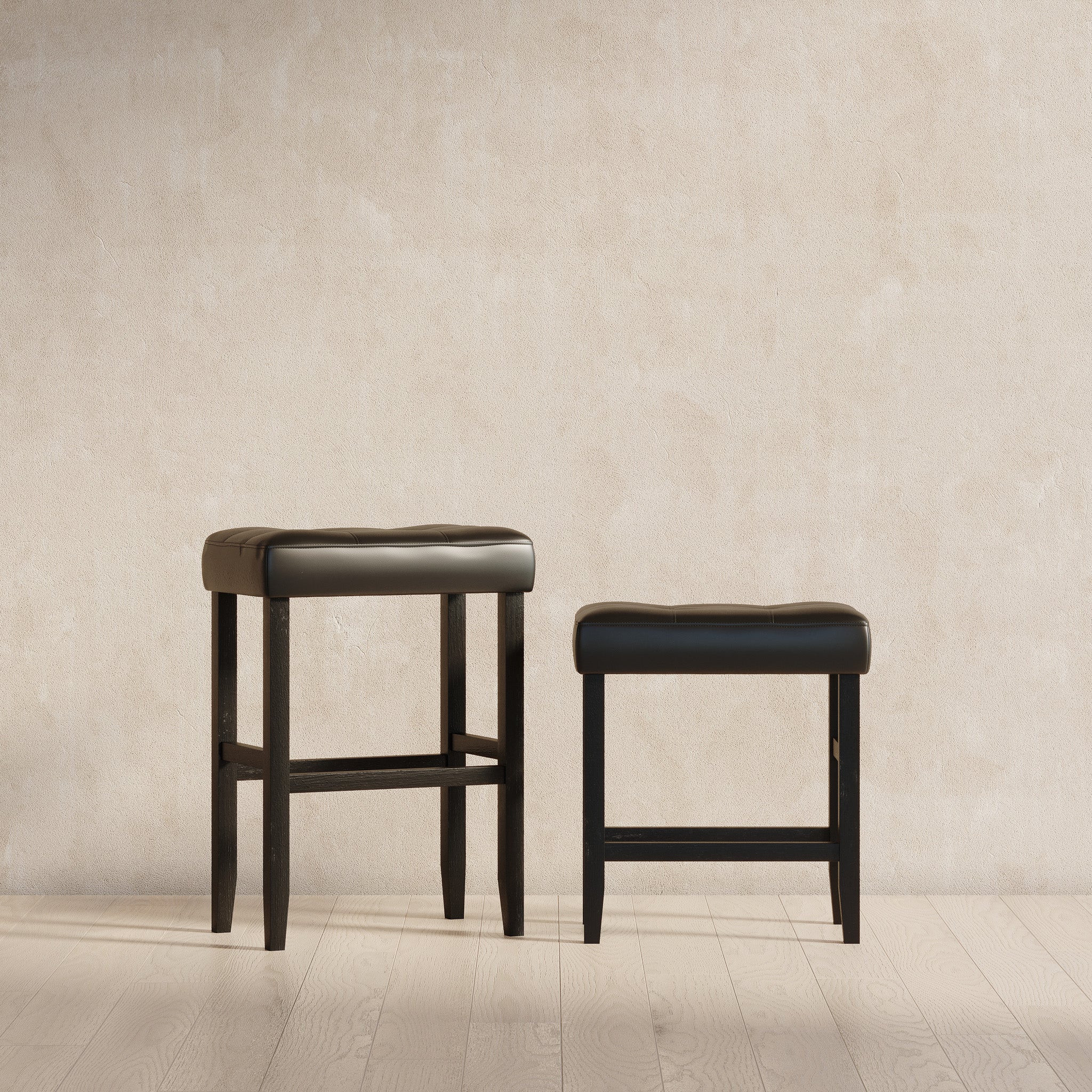 Harper Counter Stool in Rustic Black Wood Finish with Distressed Black Vegan Leather, Set of 2 in Stools by Maven Lane