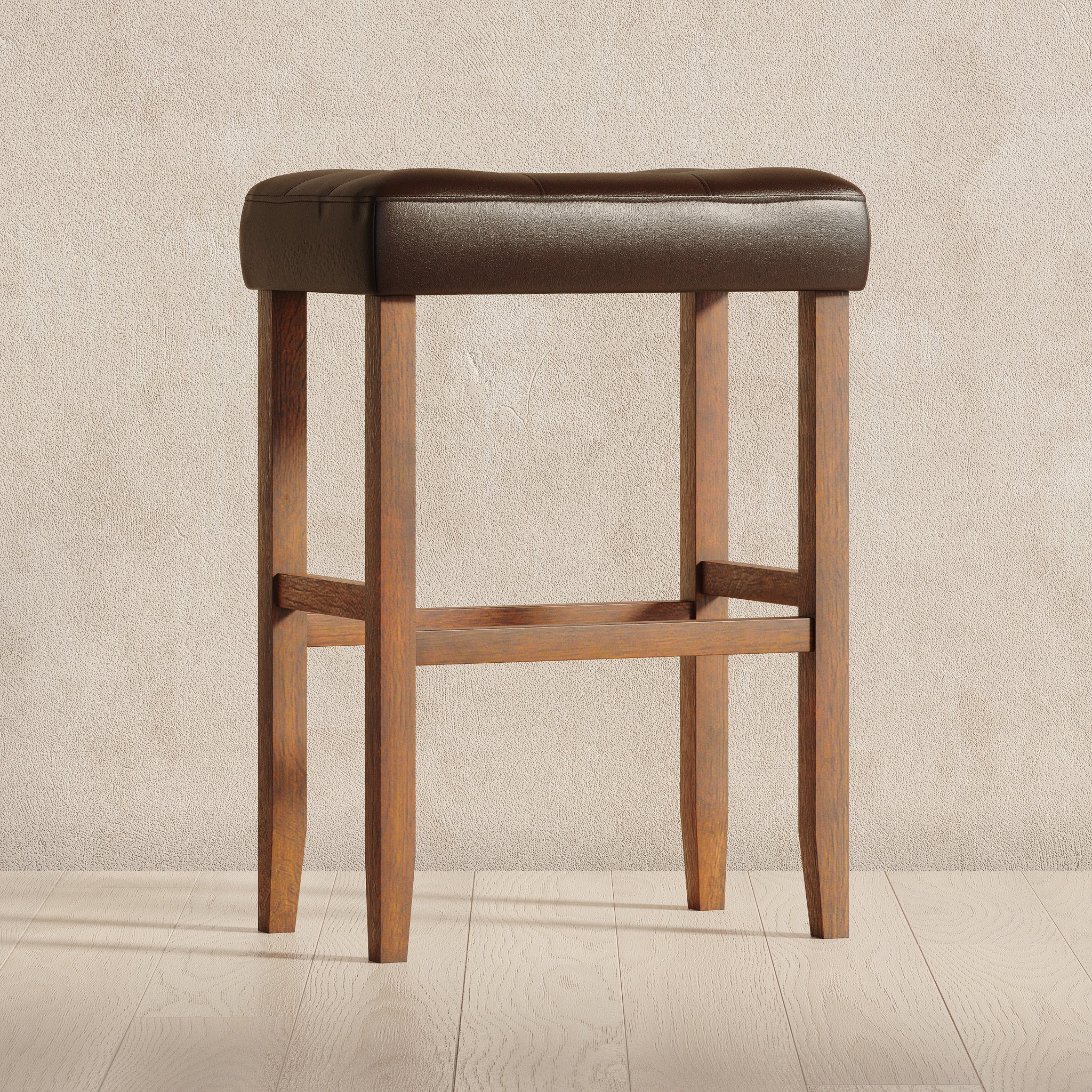 Harper Bar Stool in Walnut Wood Finish with Distressed Brown Vegan Leather, Set of 2 in Stools by Maven Lane