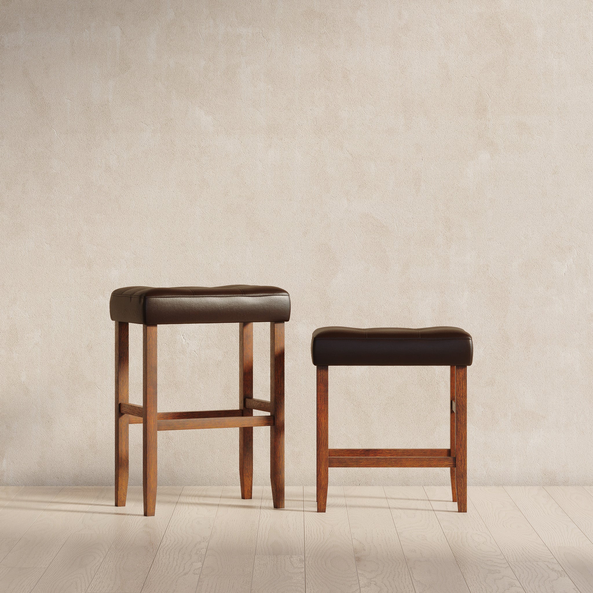 Harper Counter Stool in Walnut Wood Finish with Distressed Brown Vegan Leather, Set of 2 in Stools by Maven Lane